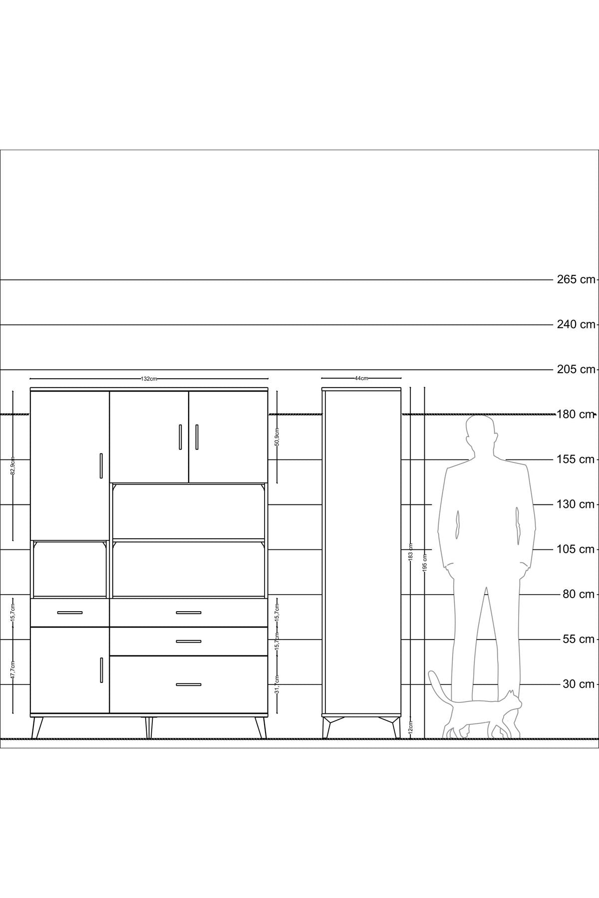 Hyperion Dolap 9 Raflı 4 Çekmeceli 4 Kapaklı 132x44x195 Antrasit-Antrasit/Çam