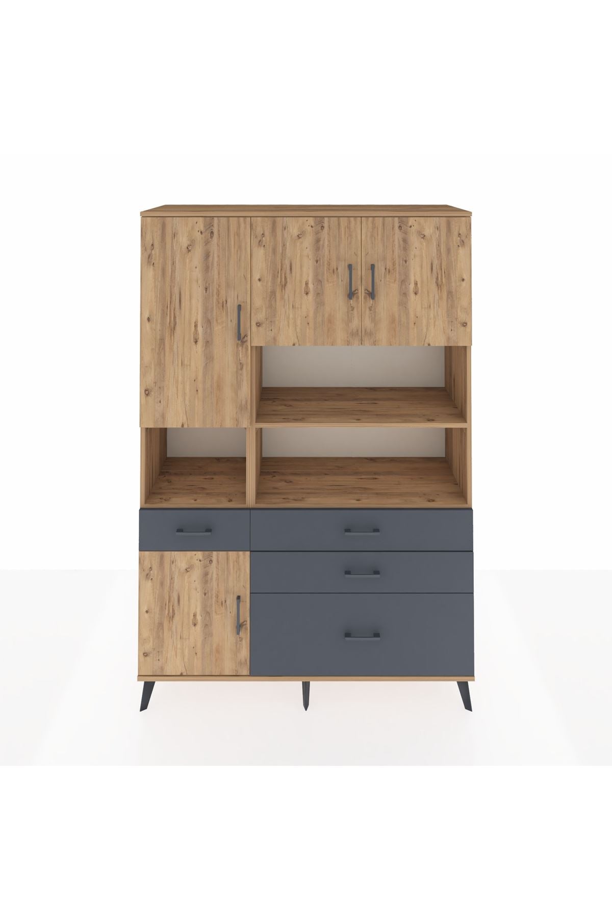 Hyperion Dolap 9 Raflı 4 Çekmeceli 4 Kapaklı 132x44x195 Çam-Çam/Antrasit