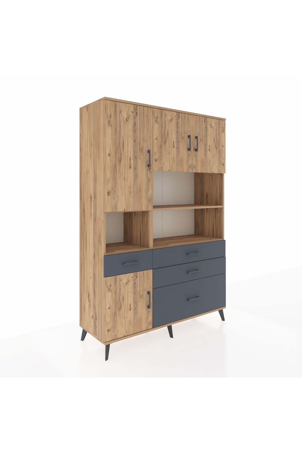 Hyperion Dolap 9 Raflı 4 Çekmeceli 4 Kapaklı 132x44x195 Çam-Çam/Antrasit