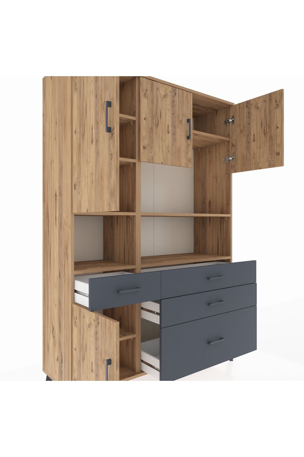 Hyperion Dolap 9 Raflı 4 Çekmeceli 4 Kapaklı 132x44x195 Çam-Çam/Antrasit