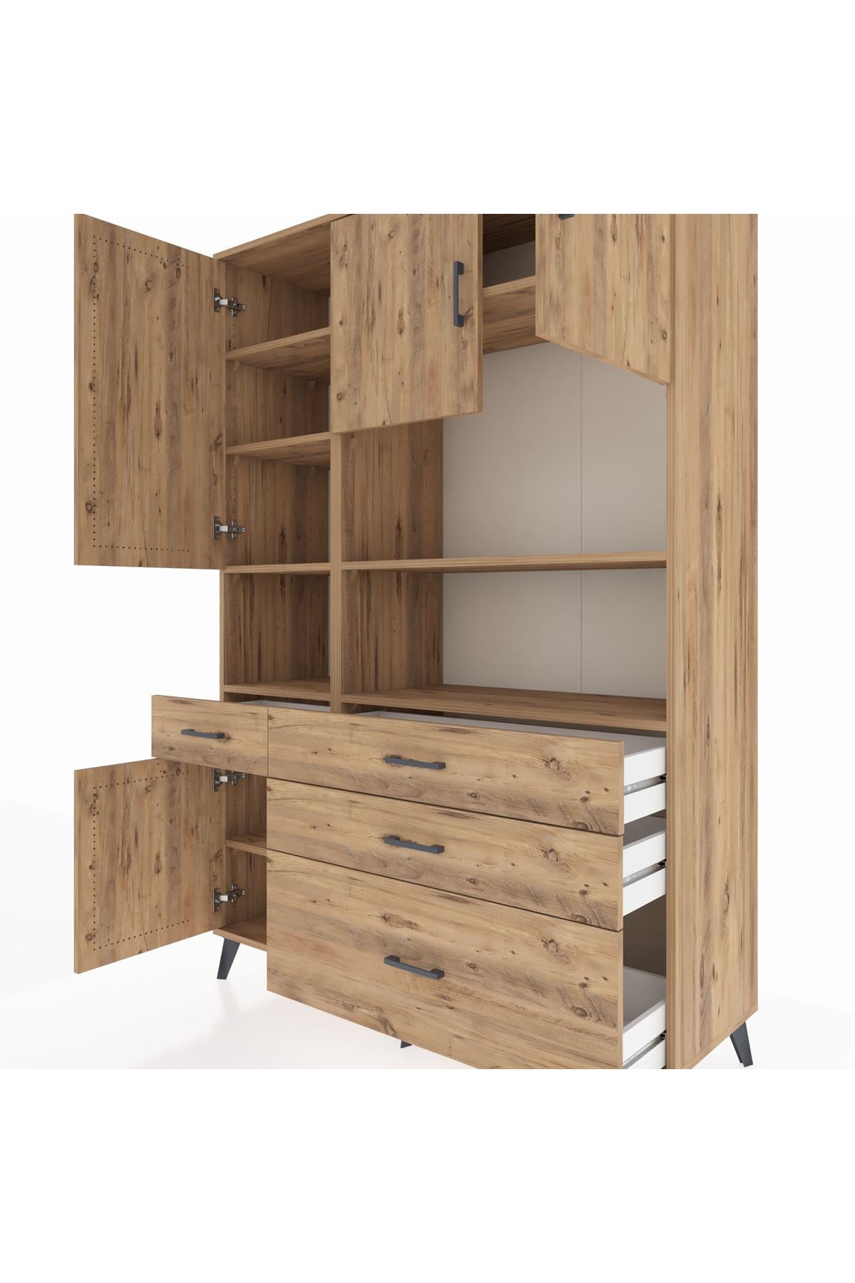 Hyperion Dolap 9 Raflı 4 Çekmeceli 4 Kapaklı 132x44x195 Çam-Çam/Çam