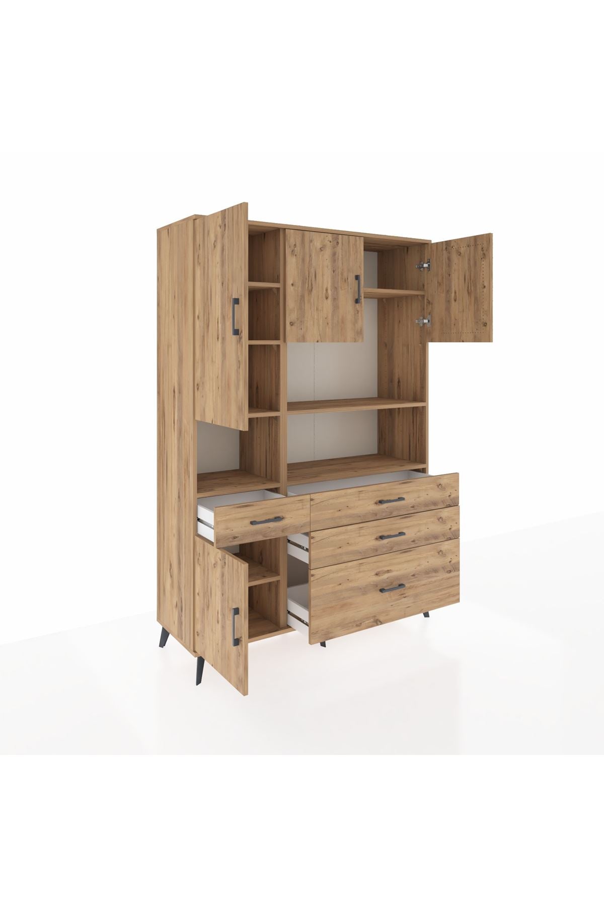 Hyperion Dolap 9 Raflı 4 Çekmeceli 4 Kapaklı 132x44x195 Çam-Çam/Çam