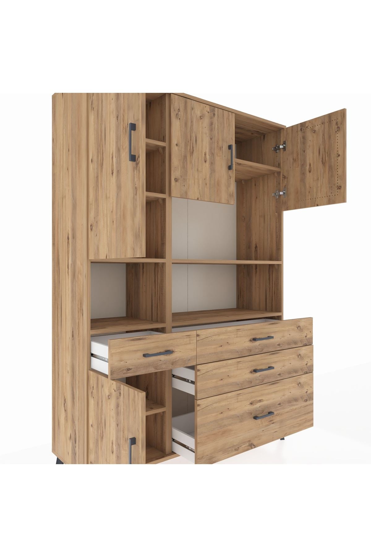 Hyperion Dolap 9 Raflı 4 Çekmeceli 4 Kapaklı 132x44x195 Çam-Çam/Çam