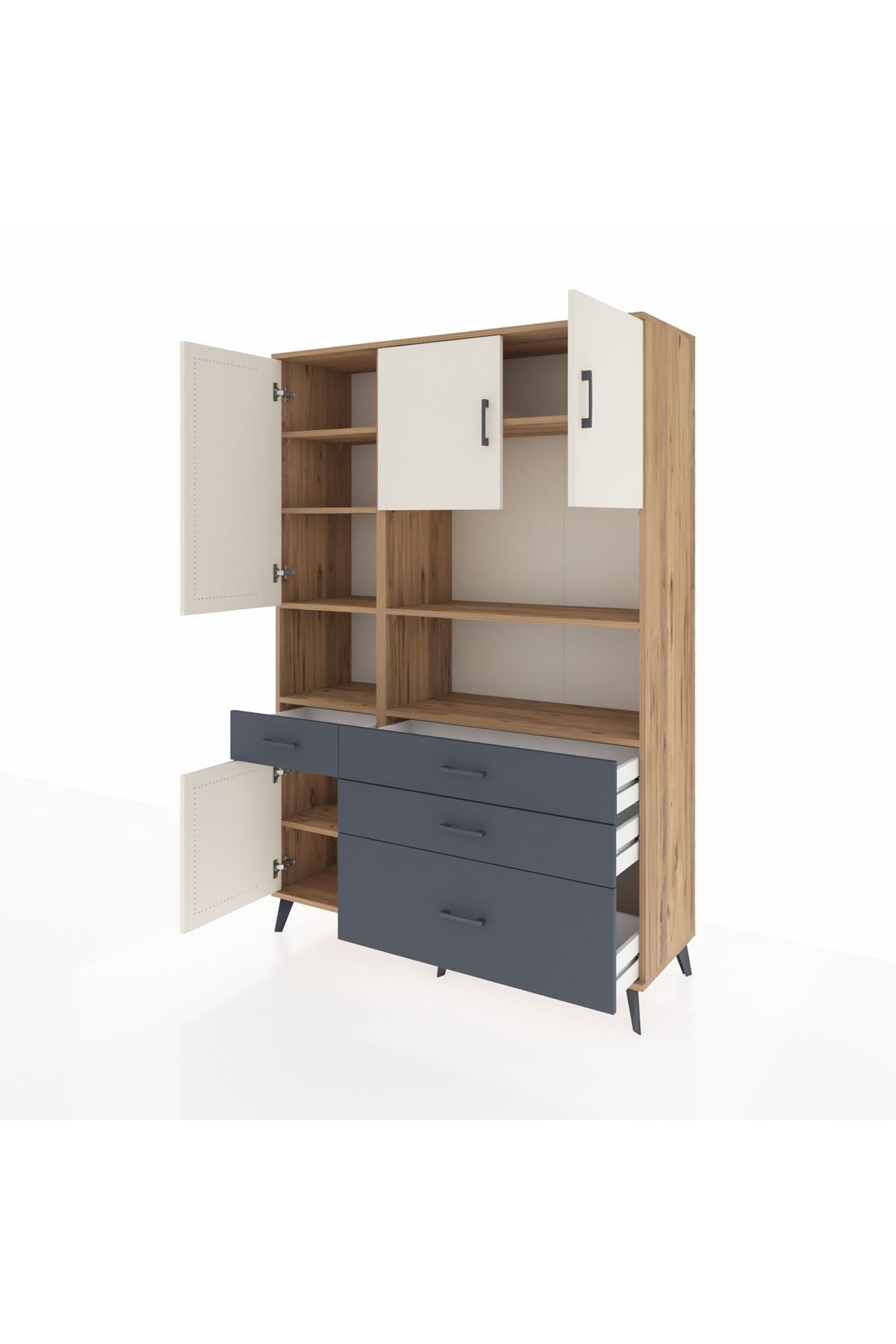 Hyperion Dolap 9 Raflı 4 Çekmeceli 4 Kapaklı 132x44x195 Çam-Aytaşı/Antrasit