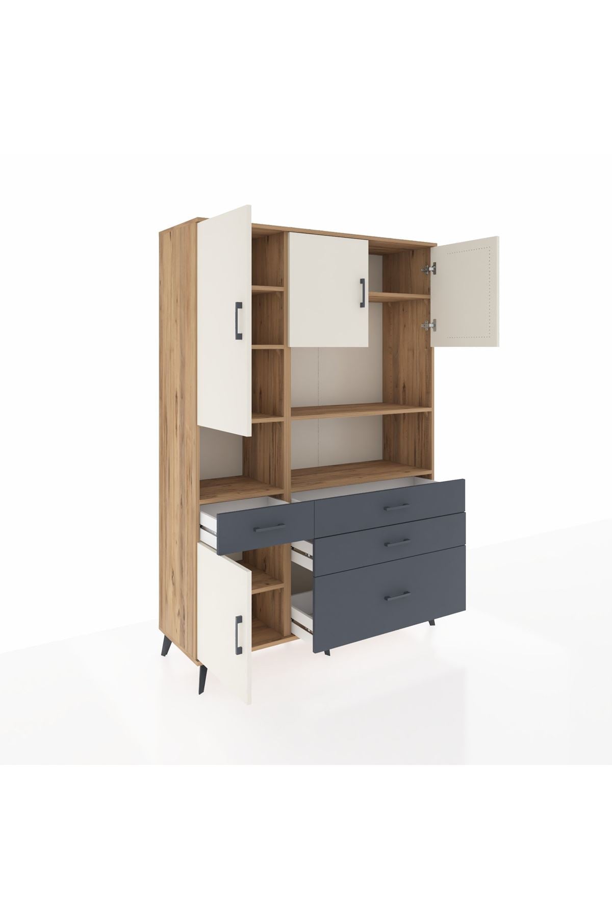 Hyperion Dolap 9 Raflı 4 Çekmeceli 4 Kapaklı 132x44x195 Çam-Aytaşı/Antrasit