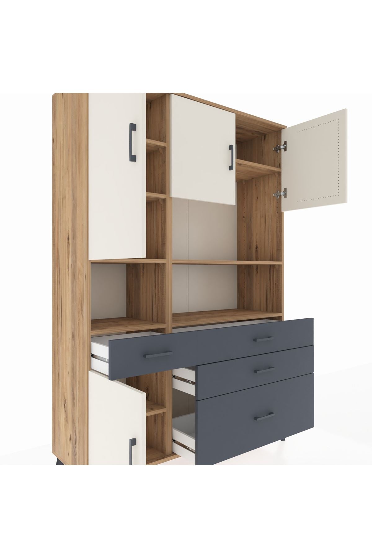 Hyperion Dolap 9 Raflı 4 Çekmeceli 4 Kapaklı 132x44x195 Çam-Aytaşı/Antrasit