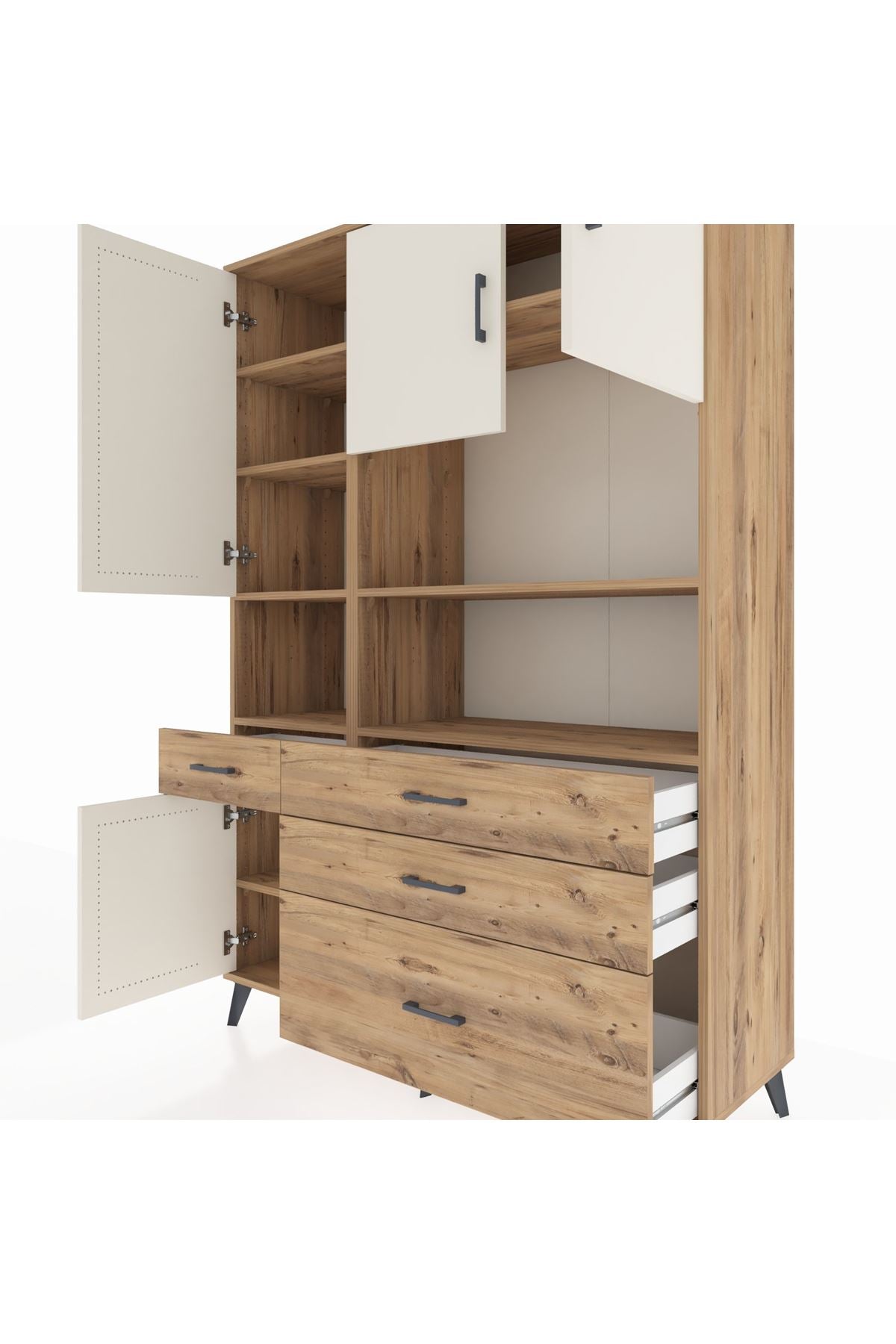 Hyperion Dolap 9 Raflı 4 Çekmeceli 4 Kapaklı 132x44x195 Çam-Aytaşı/Çam