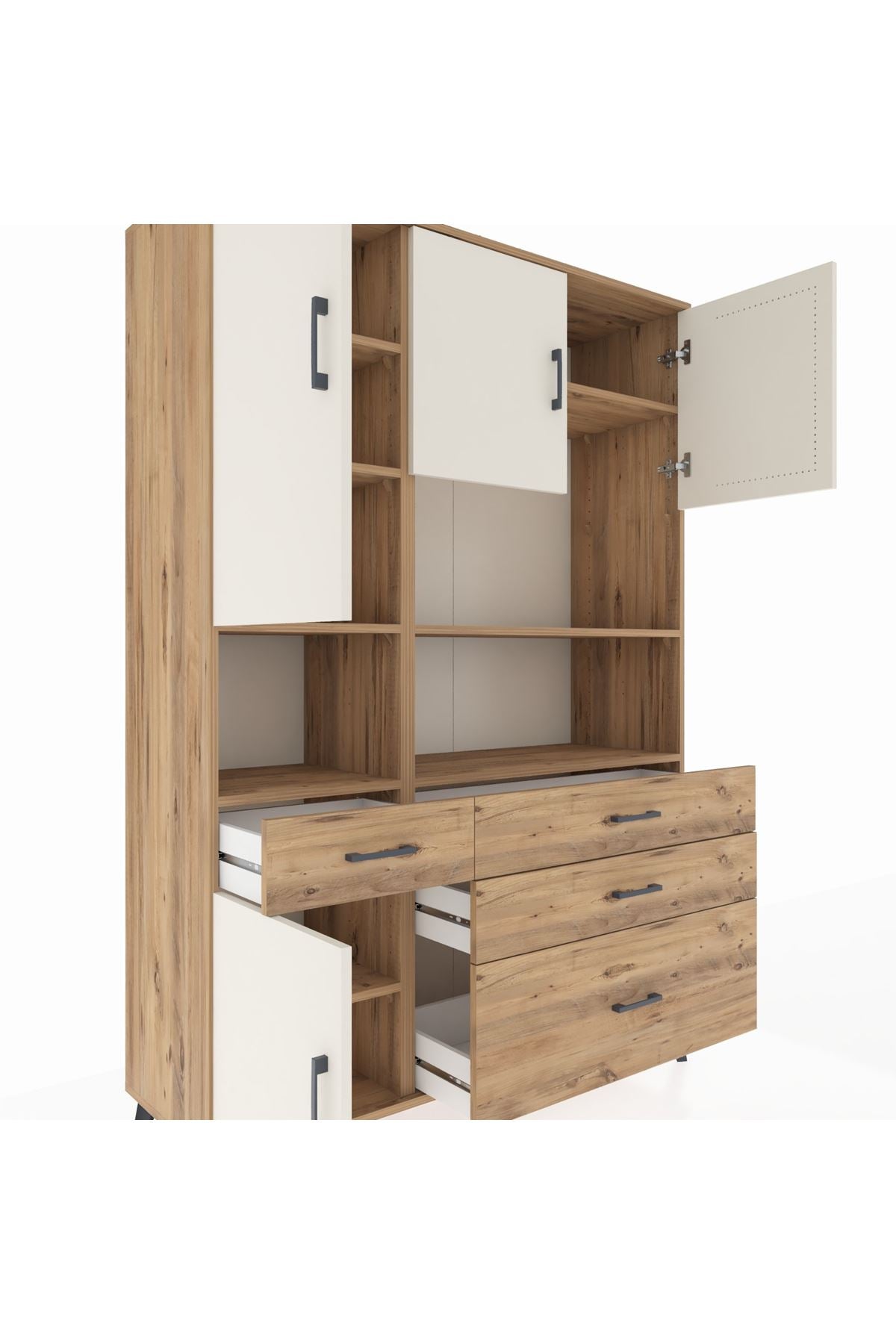 Hyperion Dolap 9 Raflı 4 Çekmeceli 4 Kapaklı 132x44x195 Çam-Aytaşı/Çam