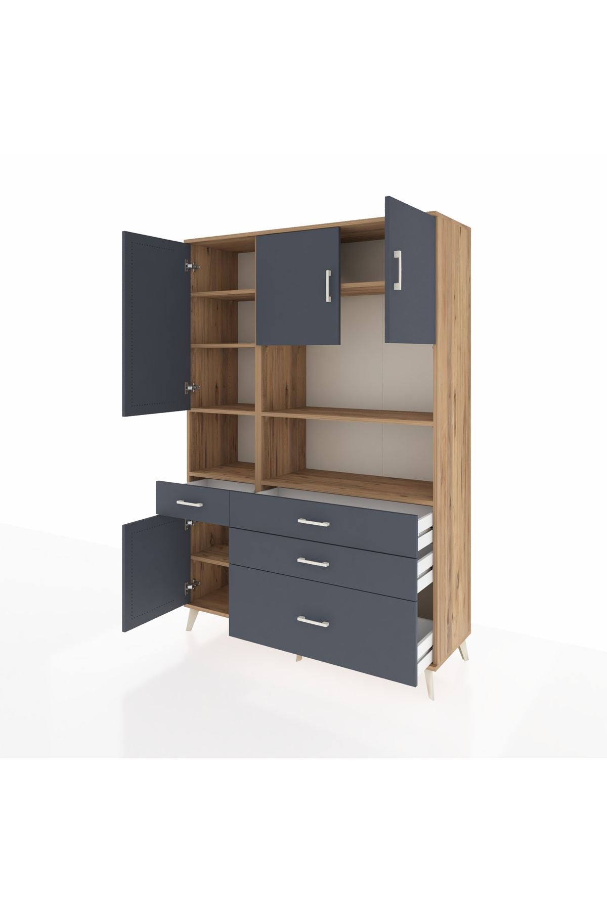 Hyperion Dolap 9 Raflı 4 Çekmeceli 4 Kapaklı 132x44x195 Çam-Antrasit/Antrasit