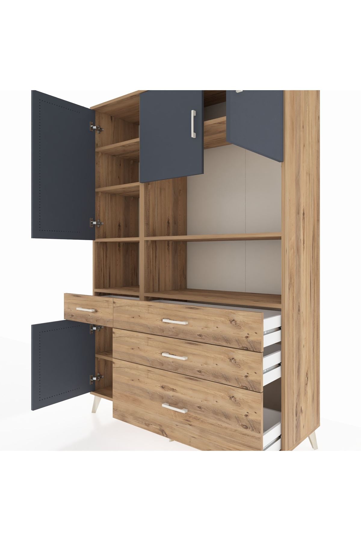 Hyperion Dolap 9 Raflı 4 Çekmeceli 4 Kapaklı 132x44x195 Çam-Antrasit/Çam