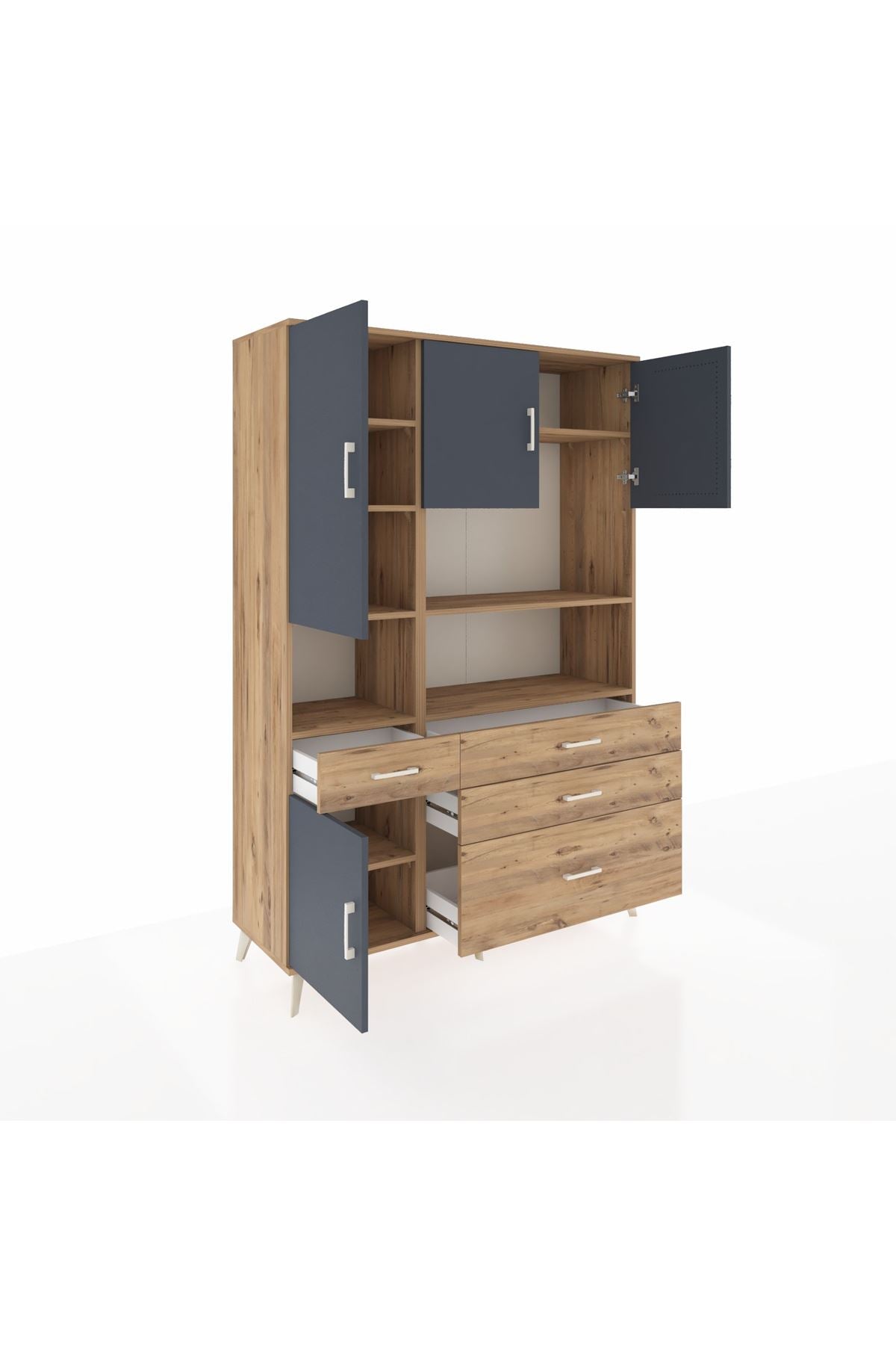 Hyperion Dolap 9 Raflı 4 Çekmeceli 4 Kapaklı 132x44x195 Çam-Antrasit/Çam