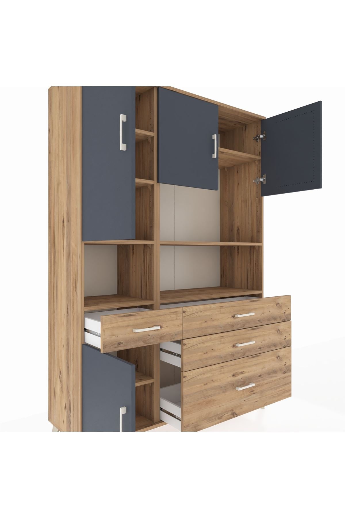 Hyperion Dolap 9 Raflı 4 Çekmeceli 4 Kapaklı 132x44x195 Çam-Antrasit/Çam