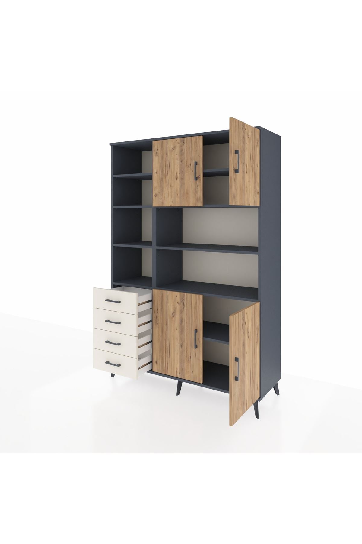 Hyperion Dolap 9 Raflı 4 Çekmeceli 4 Kapaklı 132x44x195 Antrasit-Çam/Aytaşı
