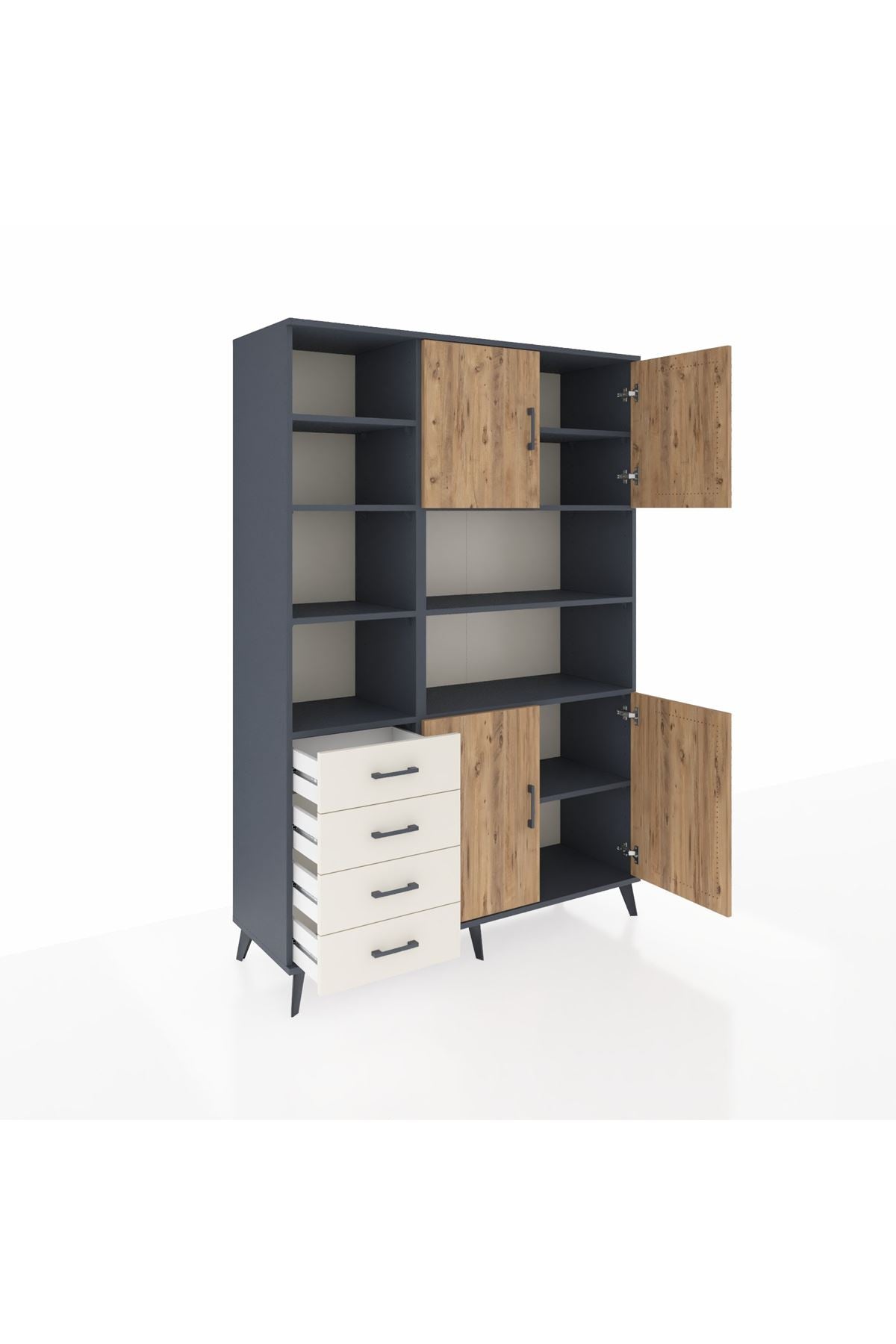 Hyperion Dolap 9 Raflı 4 Çekmeceli 4 Kapaklı 132x44x195 Antrasit-Çam/Aytaşı