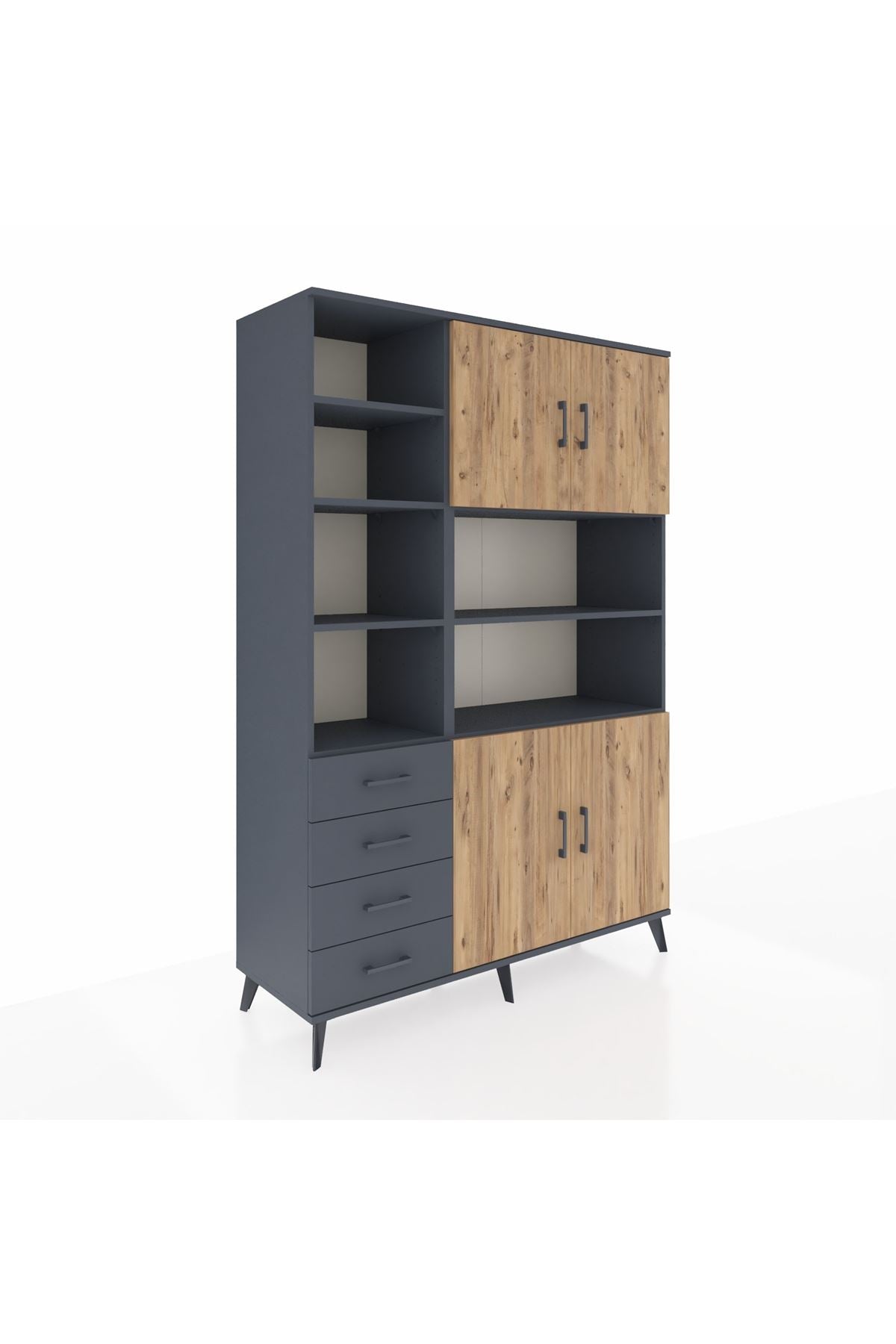 Hyperion Dolap 9 Raflı 4 Çekmeceli 4 Kapaklı 132x44x195 Antrasit-Çam/Antrasit