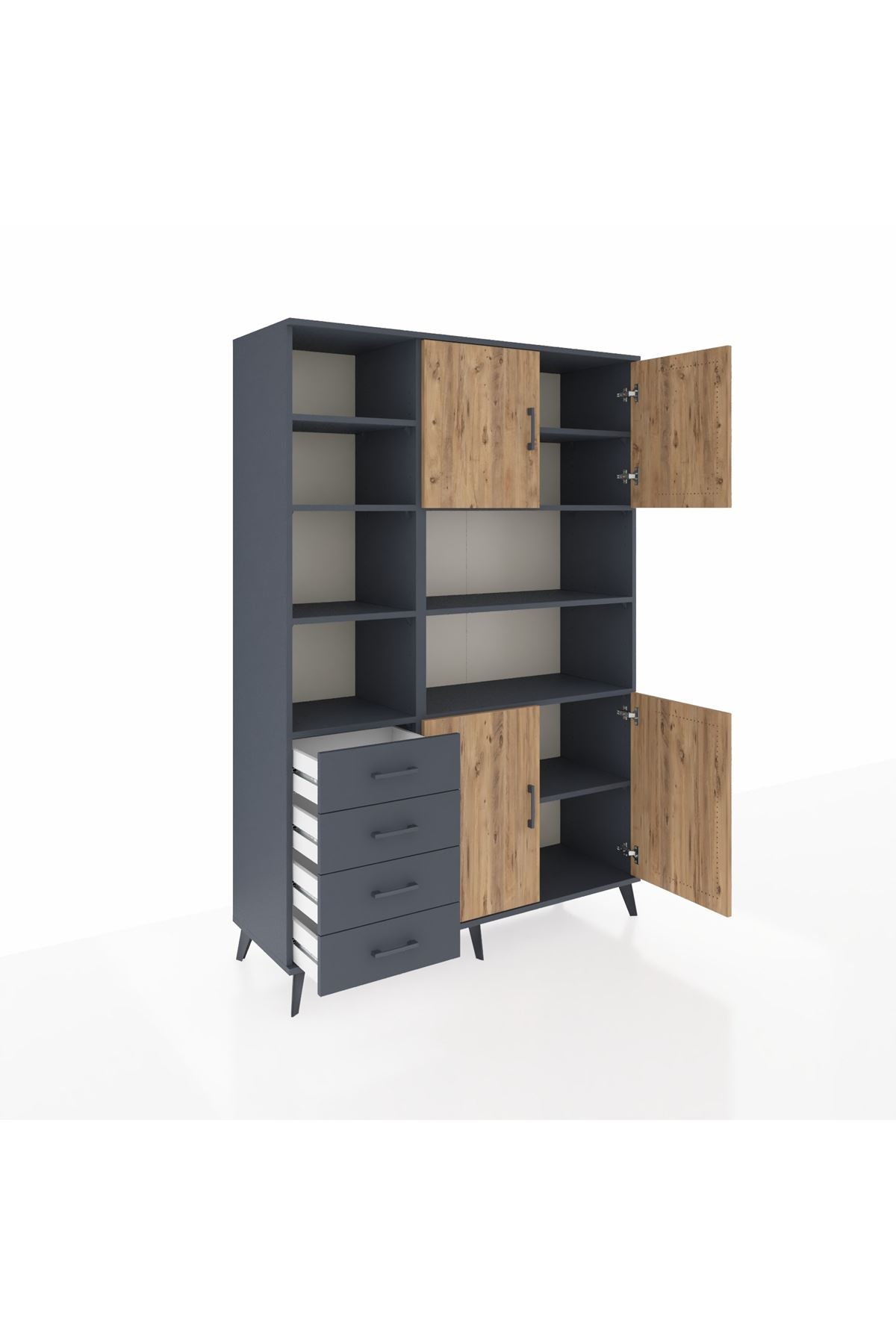 Hyperion Dolap 9 Raflı 4 Çekmeceli 4 Kapaklı 132x44x195 Antrasit-Çam/Antrasit