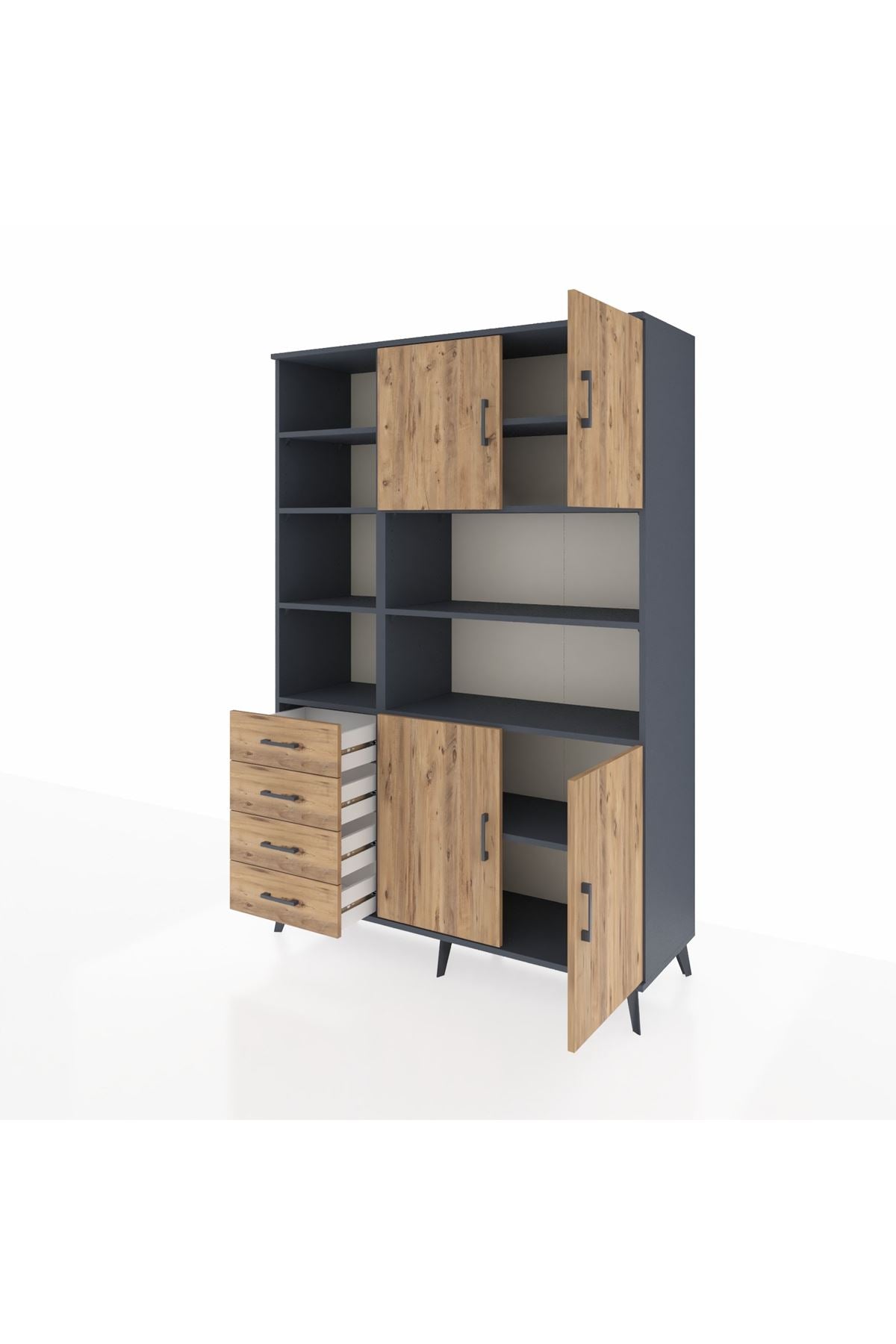 Hyperion Dolap 9 Raflı 4 Çekmeceli 4 Kapaklı 132x44x195 Antrasit-Çam/Çam