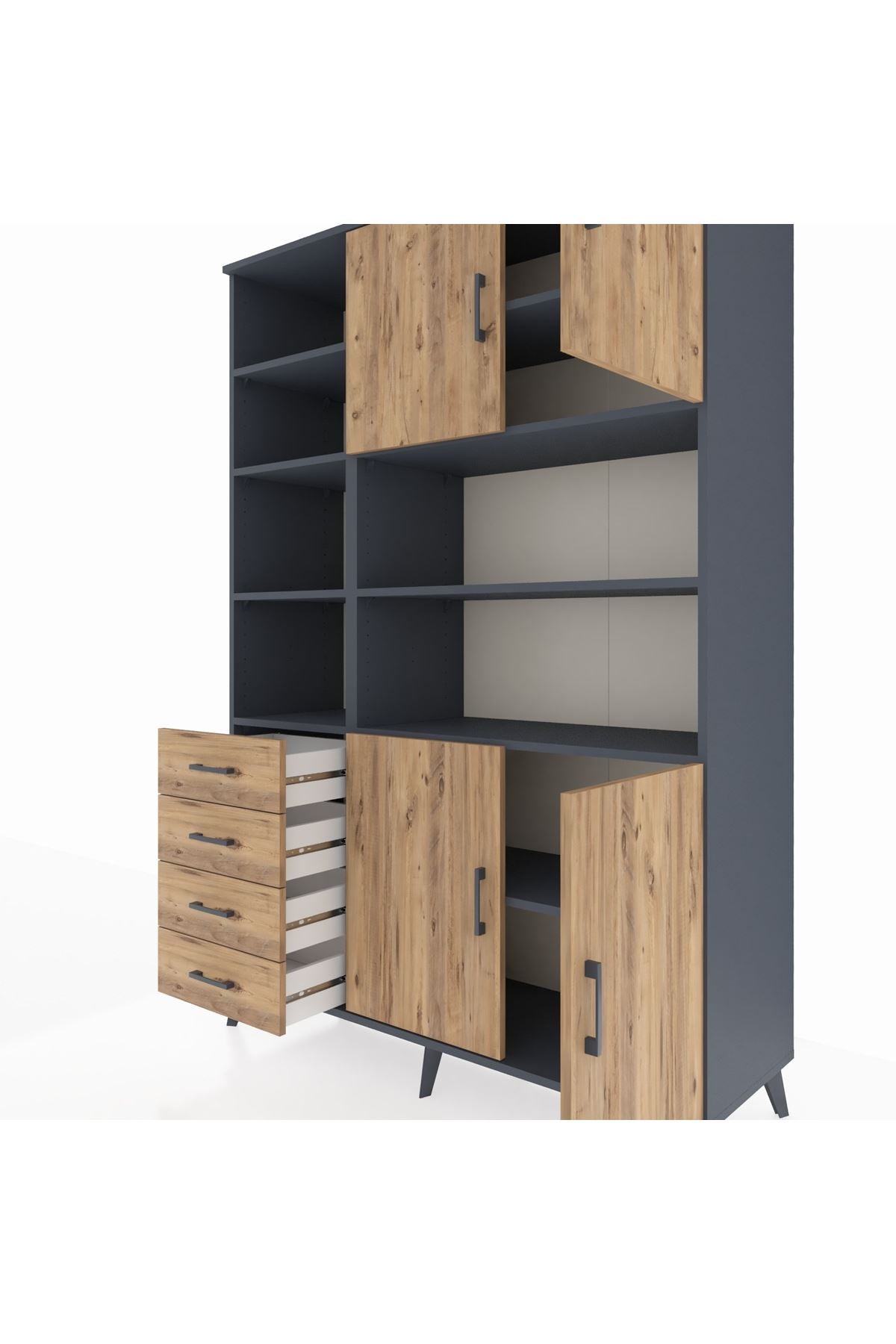 Hyperion Dolap 9 Raflı 4 Çekmeceli 4 Kapaklı 132x44x195 Antrasit-Çam/Çam
