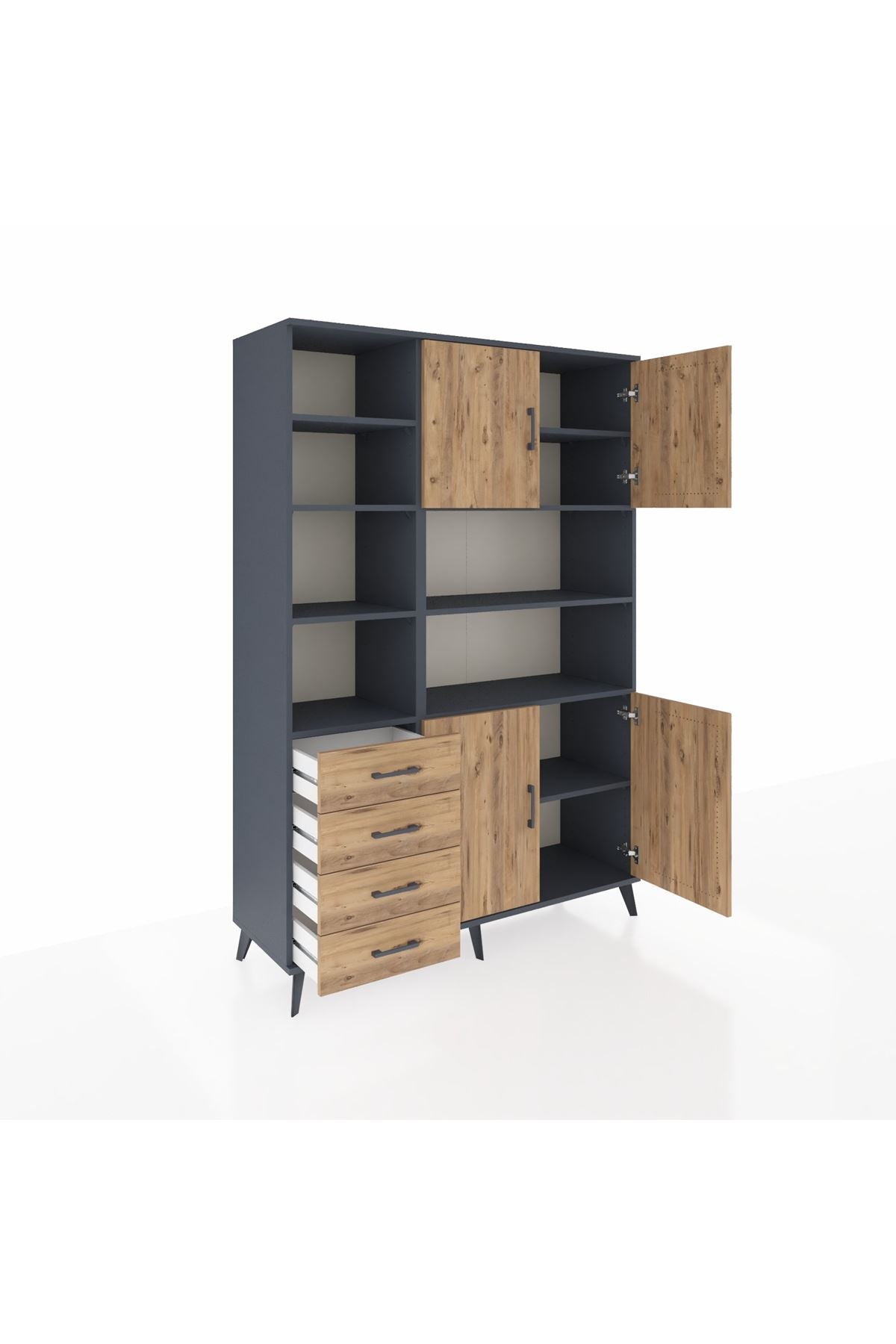 Hyperion Dolap 9 Raflı 4 Çekmeceli 4 Kapaklı 132x44x195 Antrasit-Çam/Çam