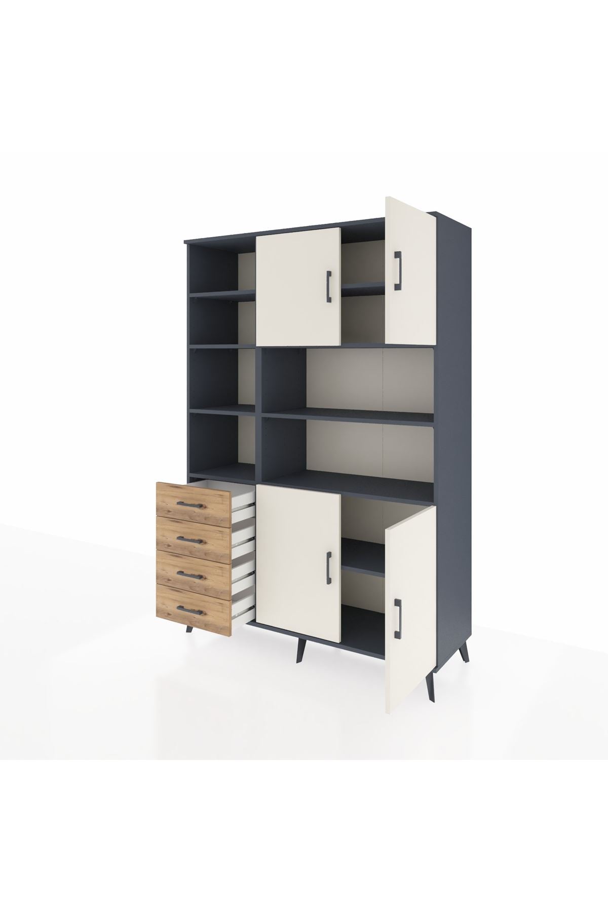 Hyperion Dolap 9 Raflı 4 Çekmeceli 4 Kapaklı 132x44x195 Antrasit-Aytaşı/Çam