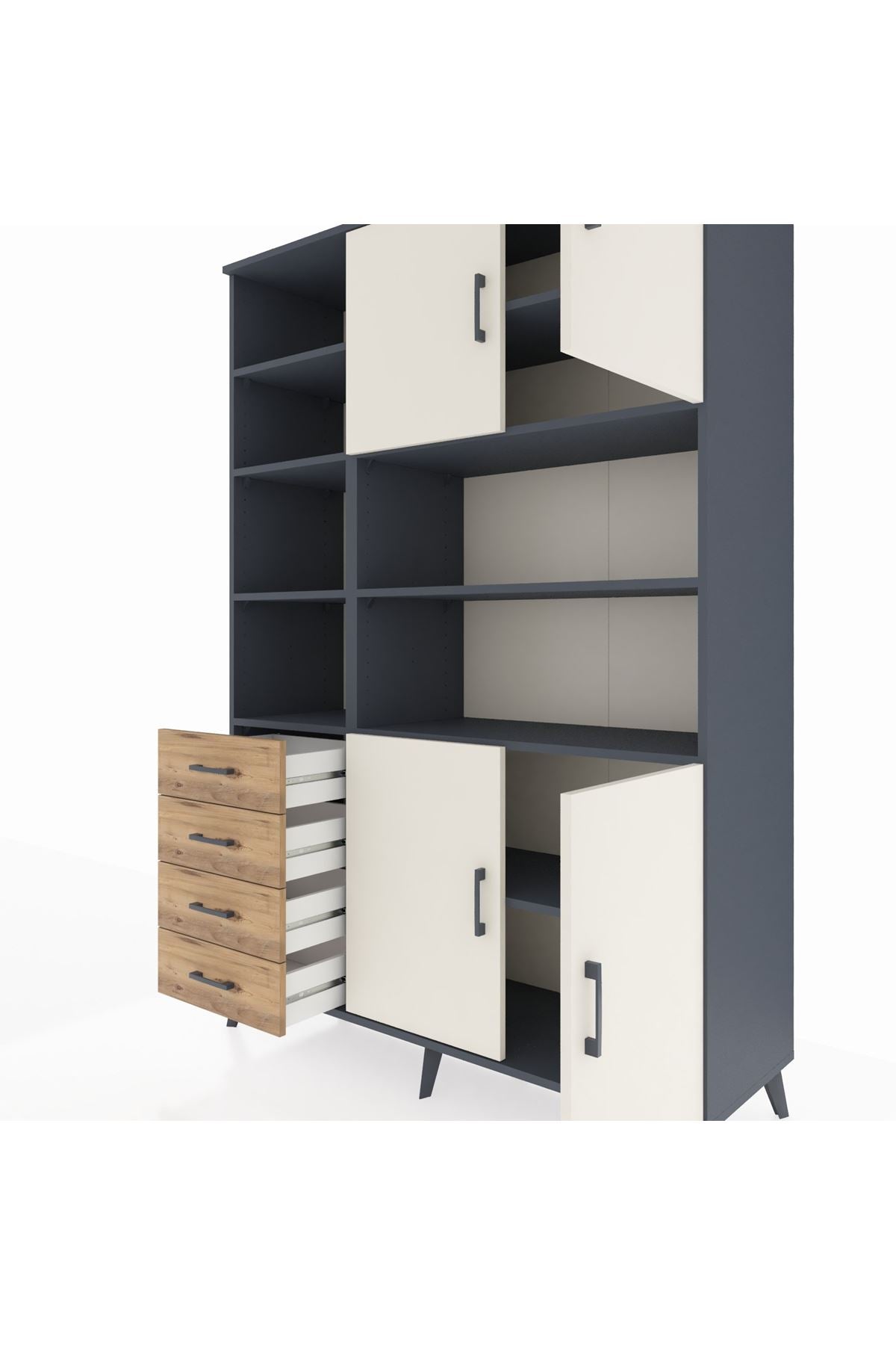 Hyperion Dolap 9 Raflı 4 Çekmeceli 4 Kapaklı 132x44x195 Antrasit-Aytaşı/Çam