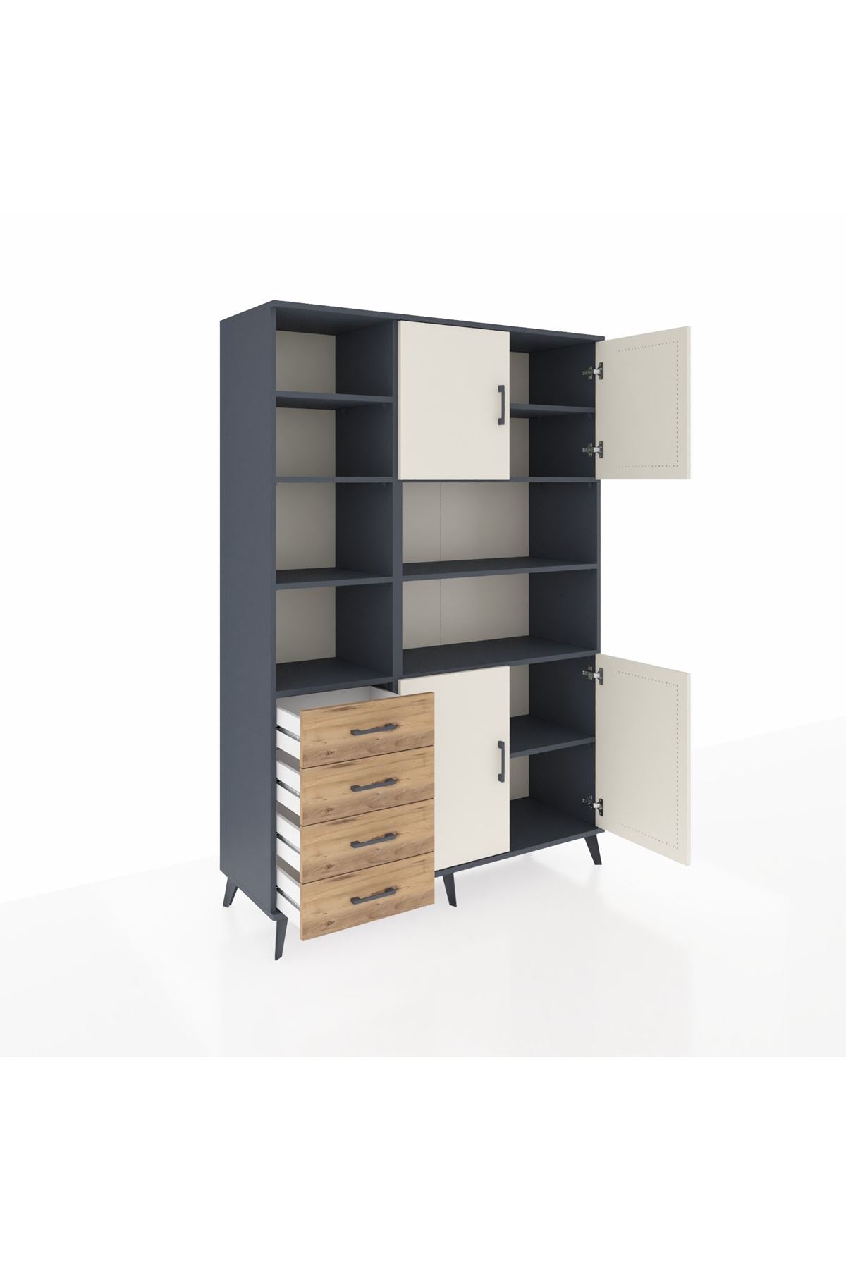 Hyperion Dolap 9 Raflı 4 Çekmeceli 4 Kapaklı 132x44x195 Antrasit-Aytaşı/Çam