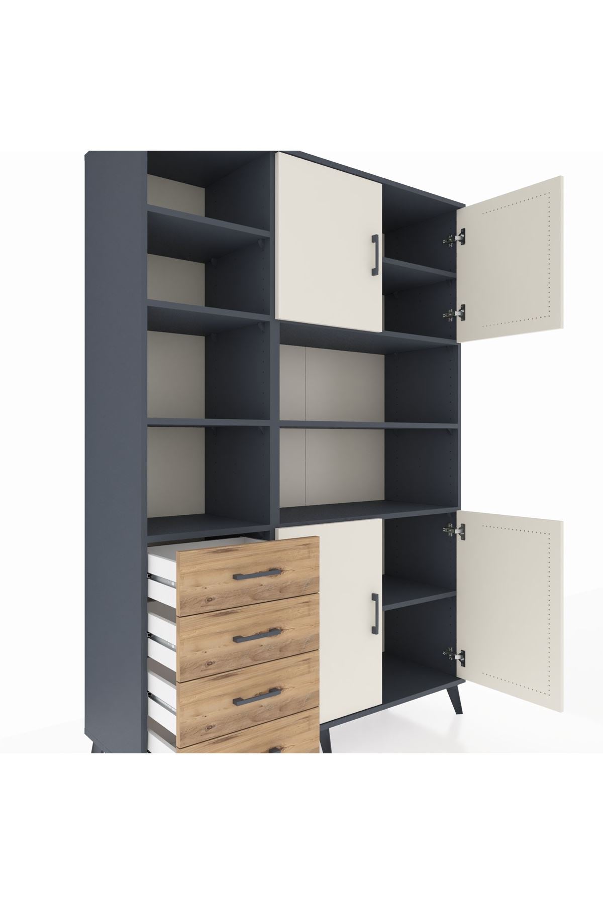 Hyperion Dolap 9 Raflı 4 Çekmeceli 4 Kapaklı 132x44x195 Antrasit-Aytaşı/Çam