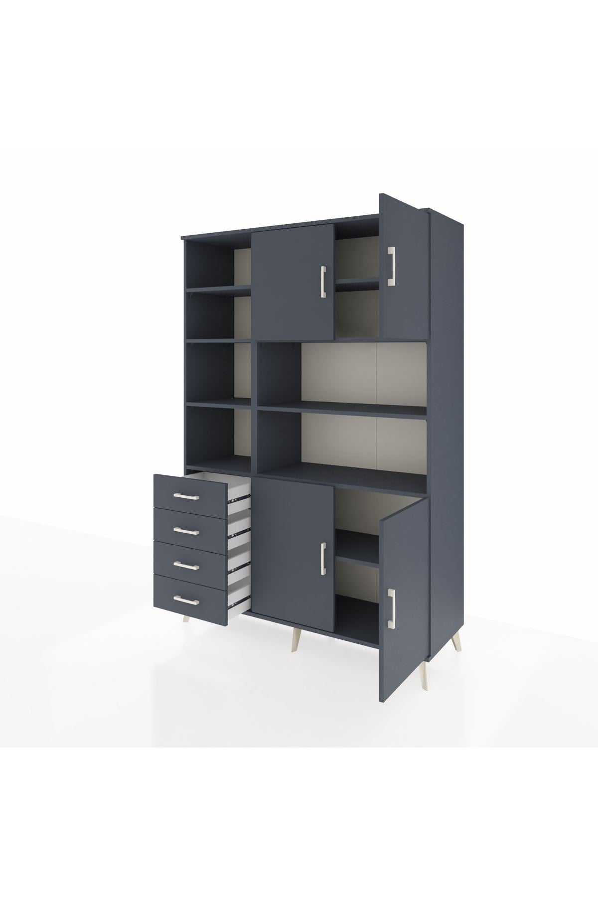 Hyperion Dolap 9 Raflı 4 Çekmeceli 4 Kapaklı 132x44x195 Antrasit-Antrasit/Antrasit