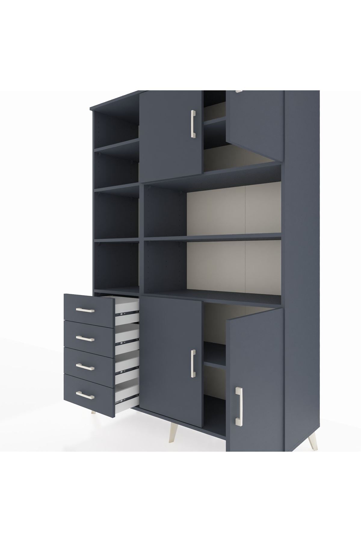 Hyperion Dolap 9 Raflı 4 Çekmeceli 4 Kapaklı 132x44x195 Antrasit-Antrasit/Antrasit