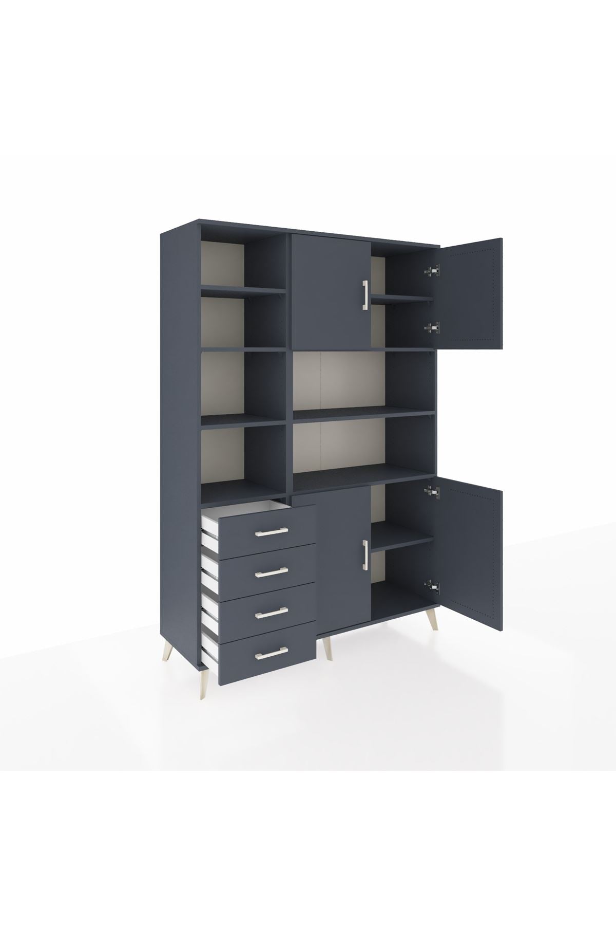 Hyperion Dolap 9 Raflı 4 Çekmeceli 4 Kapaklı 132x44x195 Antrasit-Antrasit/Antrasit