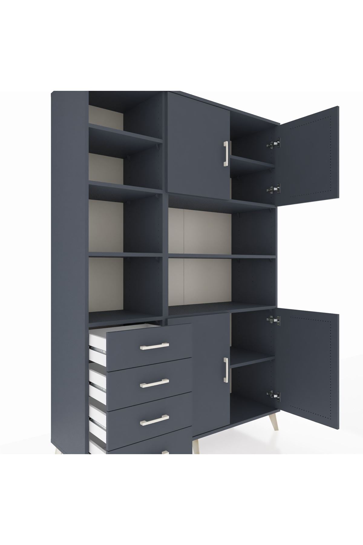 Hyperion Dolap 9 Raflı 4 Çekmeceli 4 Kapaklı 132x44x195 Antrasit-Antrasit/Antrasit