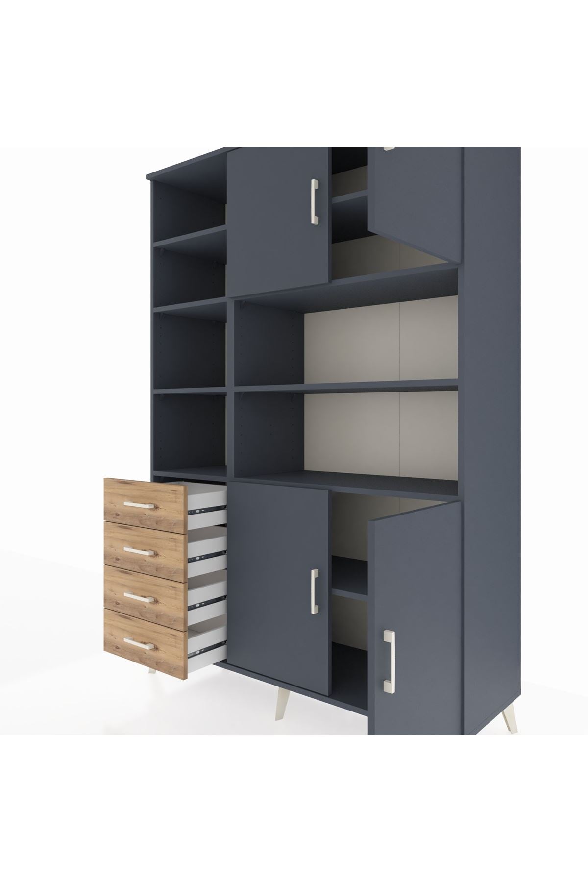 Hyperion Dolap 9 Raflı 4 Çekmeceli 4 Kapaklı 132x44x195 Antrasit-Antrasit/Çam