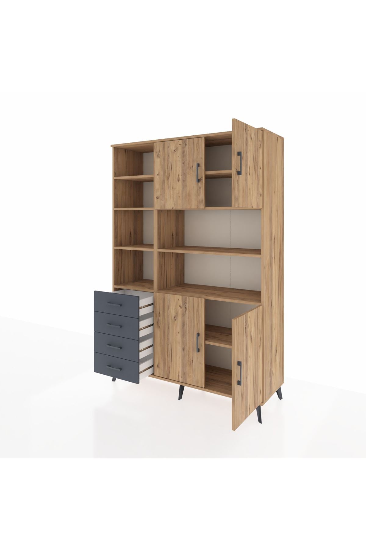 Hyperion Dolap 9 Raflı 4 Çekmeceli 4 Kapaklı 132x44x195 Çam-Çam/Antrasit