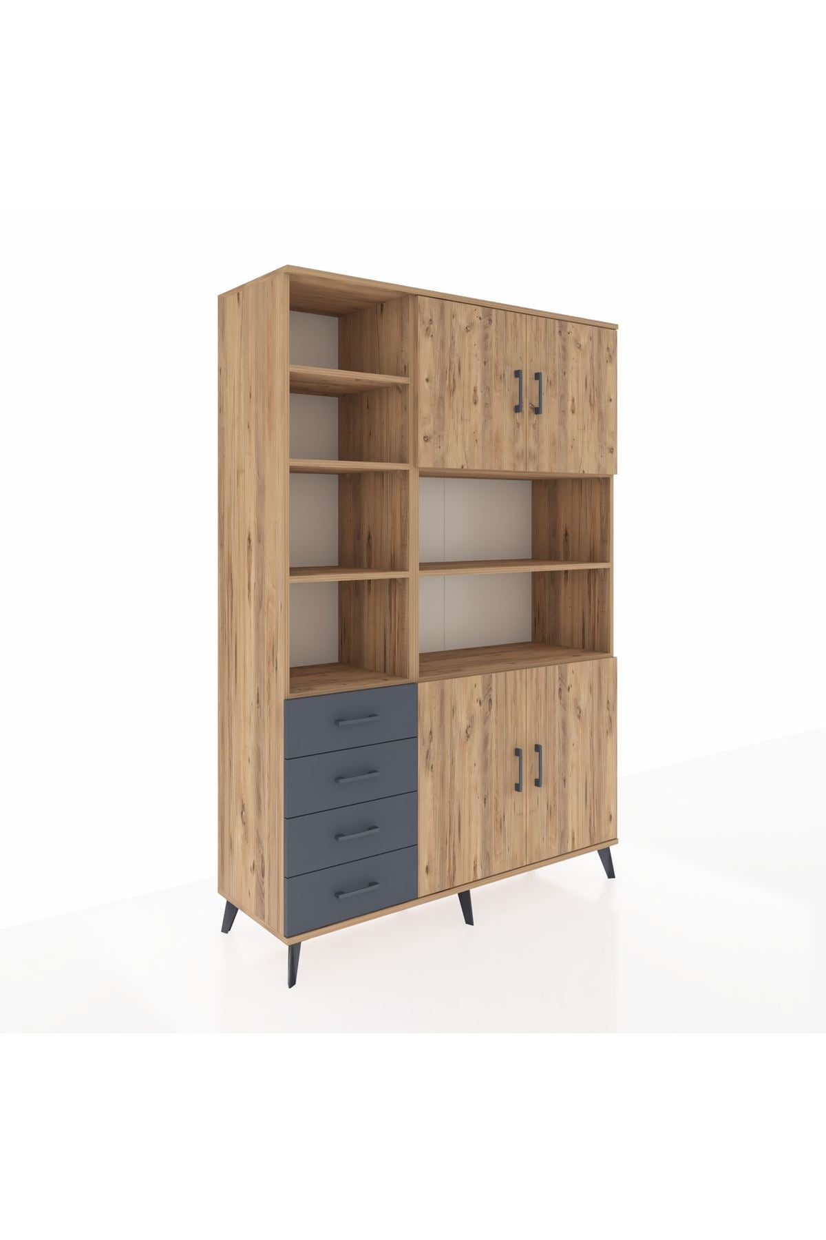 Hyperion Dolap 9 Raflı 4 Çekmeceli 4 Kapaklı 132x44x195 Çam-Çam/Antrasit