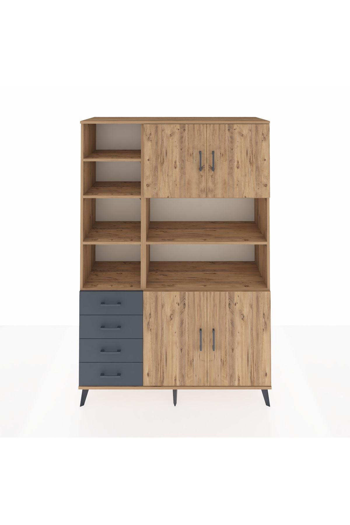 Hyperion Dolap 9 Raflı 4 Çekmeceli 4 Kapaklı 132x44x195 Çam-Çam/Antrasit