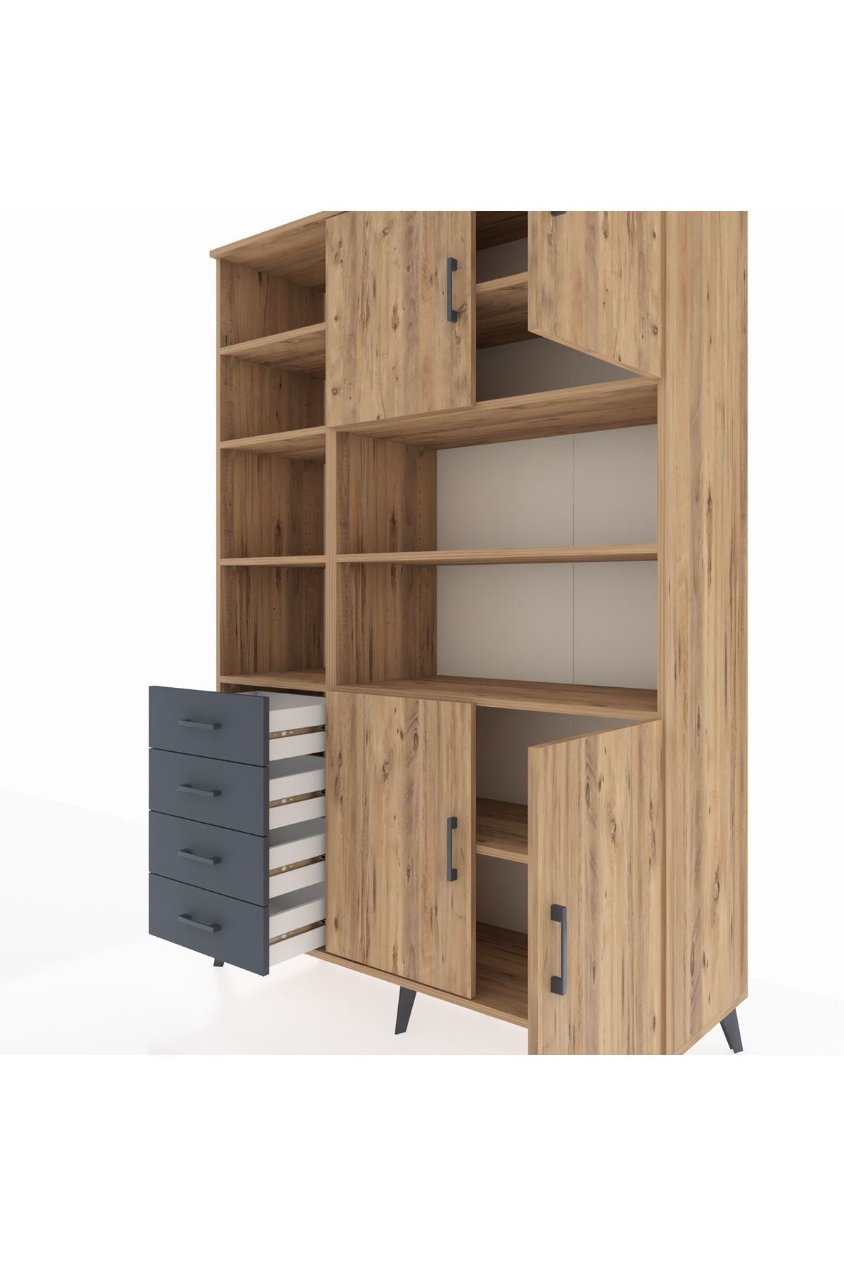Hyperion Dolap 9 Raflı 4 Çekmeceli 4 Kapaklı 132x44x195 Çam-Çam/Antrasit