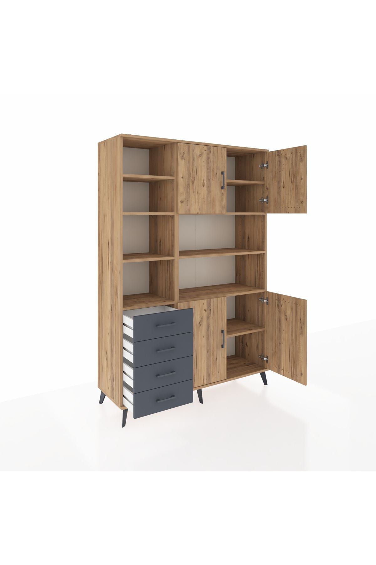 Hyperion Dolap 9 Raflı 4 Çekmeceli 4 Kapaklı 132x44x195 Çam-Çam/Antrasit