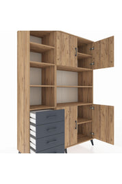 Hyperion Dolap 9 Raflı 4 Çekmeceli 4 Kapaklı 132x44x195 Çam-Çam/Antrasit