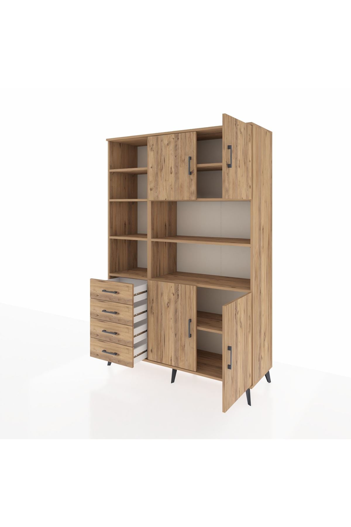 Hyperion Dolap 9 Raflı 4 Çekmeceli 4 Kapaklı 132x44x195 Çam-Çam/Çam