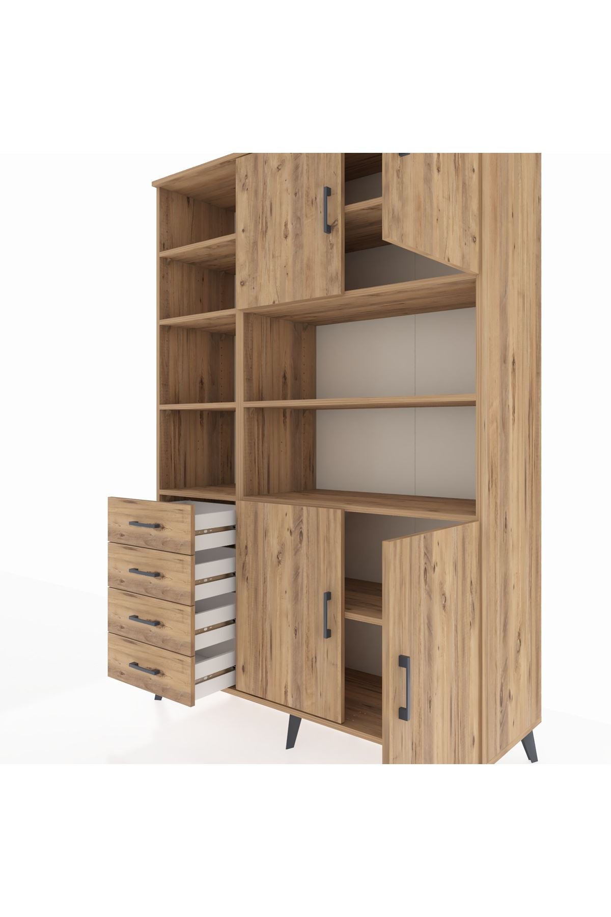 Hyperion Dolap 9 Raflı 4 Çekmeceli 4 Kapaklı 132x44x195 Çam-Çam/Çam