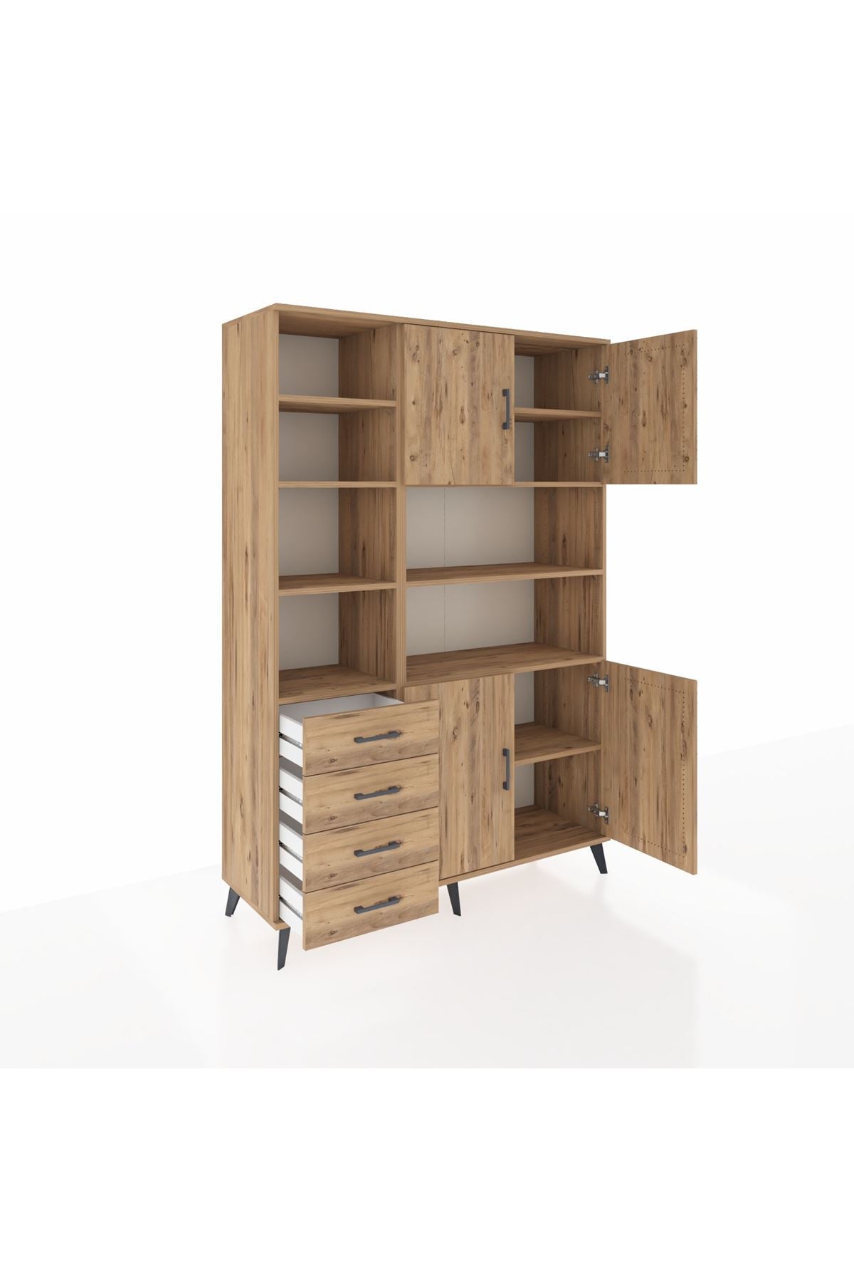 Hyperion Dolap 9 Raflı 4 Çekmeceli 4 Kapaklı 132x44x195 Çam-Çam/Çam