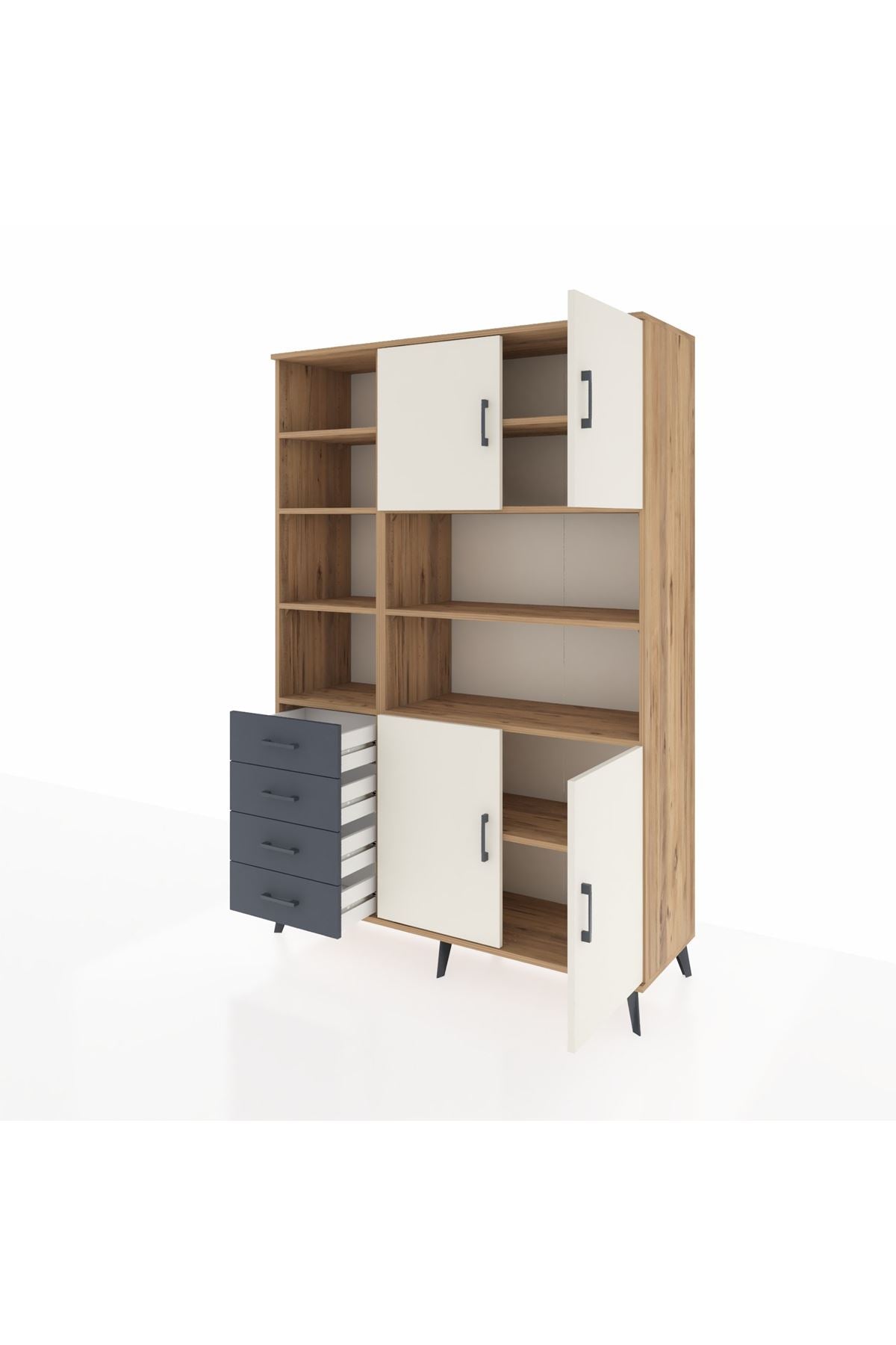 Hyperion Dolap 9 Raflı 4 Çekmeceli 4 Kapaklı 132x44x195 Çam-Aytaşı/Antrasit