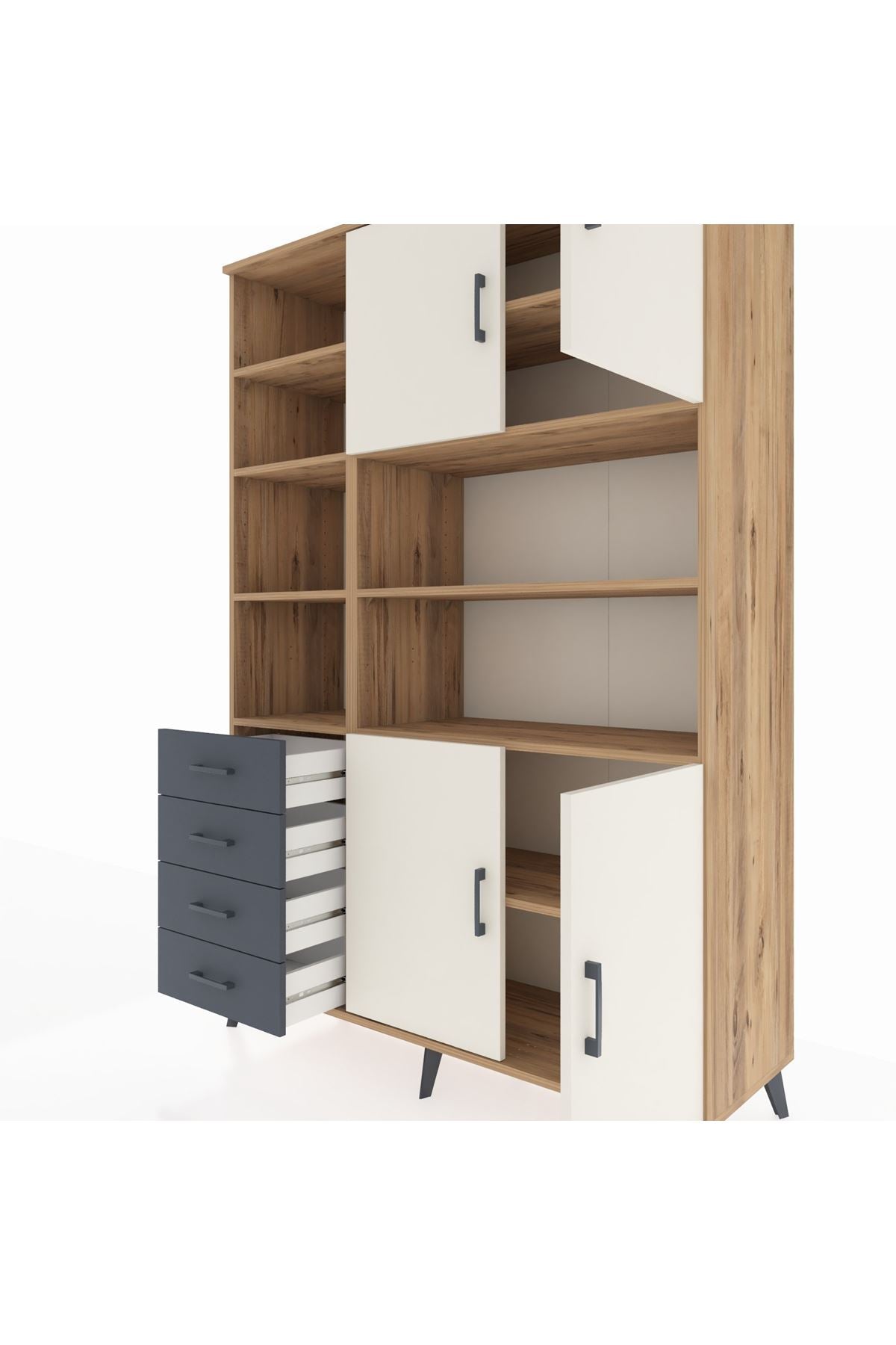 Hyperion Dolap 9 Raflı 4 Çekmeceli 4 Kapaklı 132x44x195 Çam-Aytaşı/Antrasit