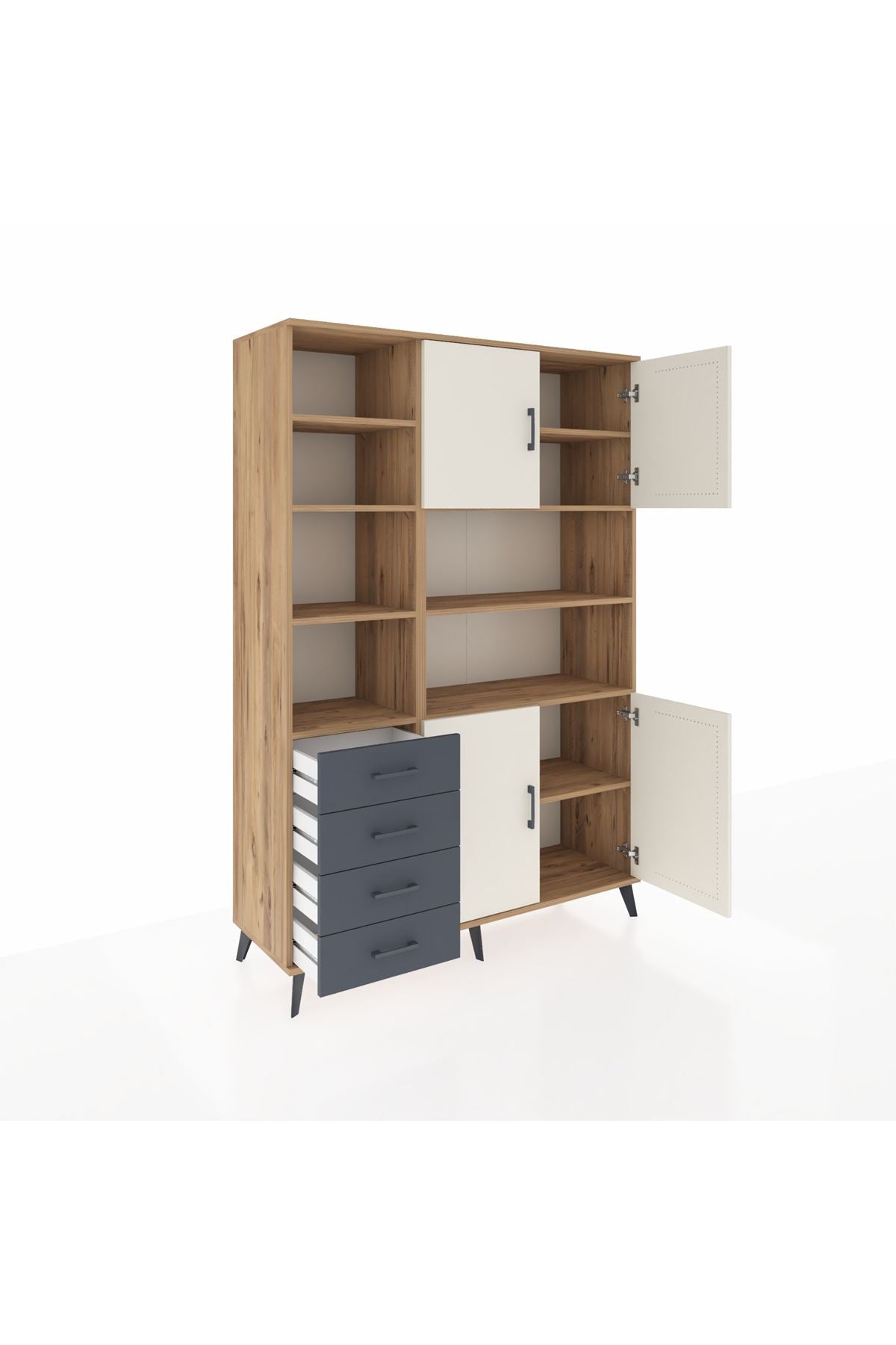 Hyperion Dolap 9 Raflı 4 Çekmeceli 4 Kapaklı 132x44x195 Çam-Aytaşı/Antrasit