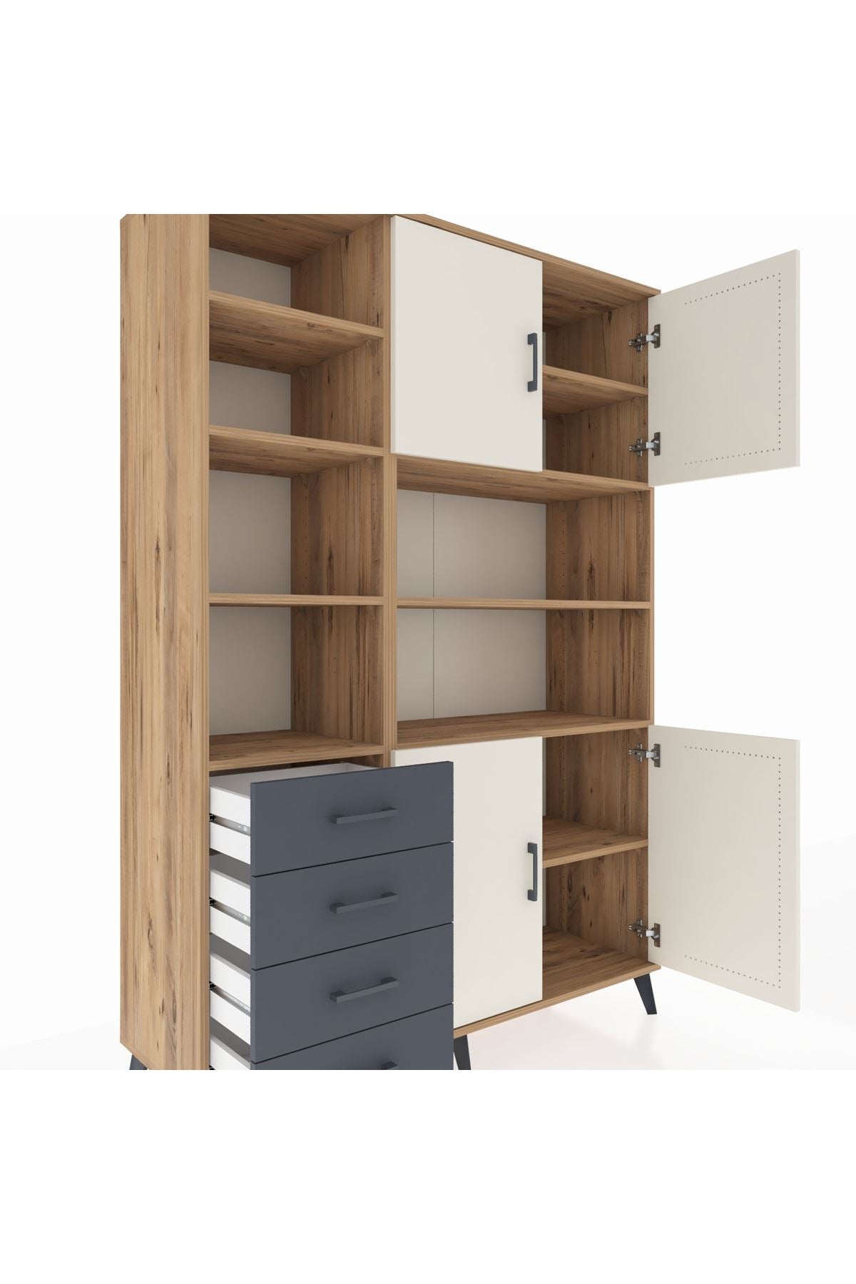 Hyperion Dolap 9 Raflı 4 Çekmeceli 4 Kapaklı 132x44x195 Çam-Aytaşı/Antrasit