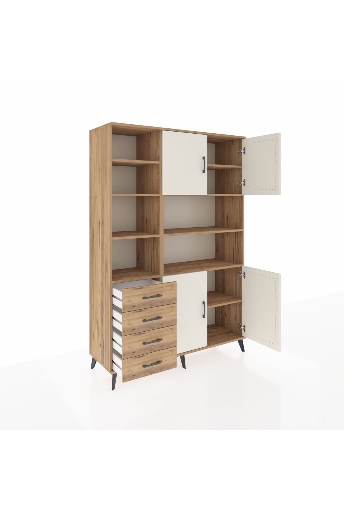 Hyperion Dolap 9 Raflı 4 Çekmeceli 4 Kapaklı 132x44x195 Çam-Aytaşı/Çam