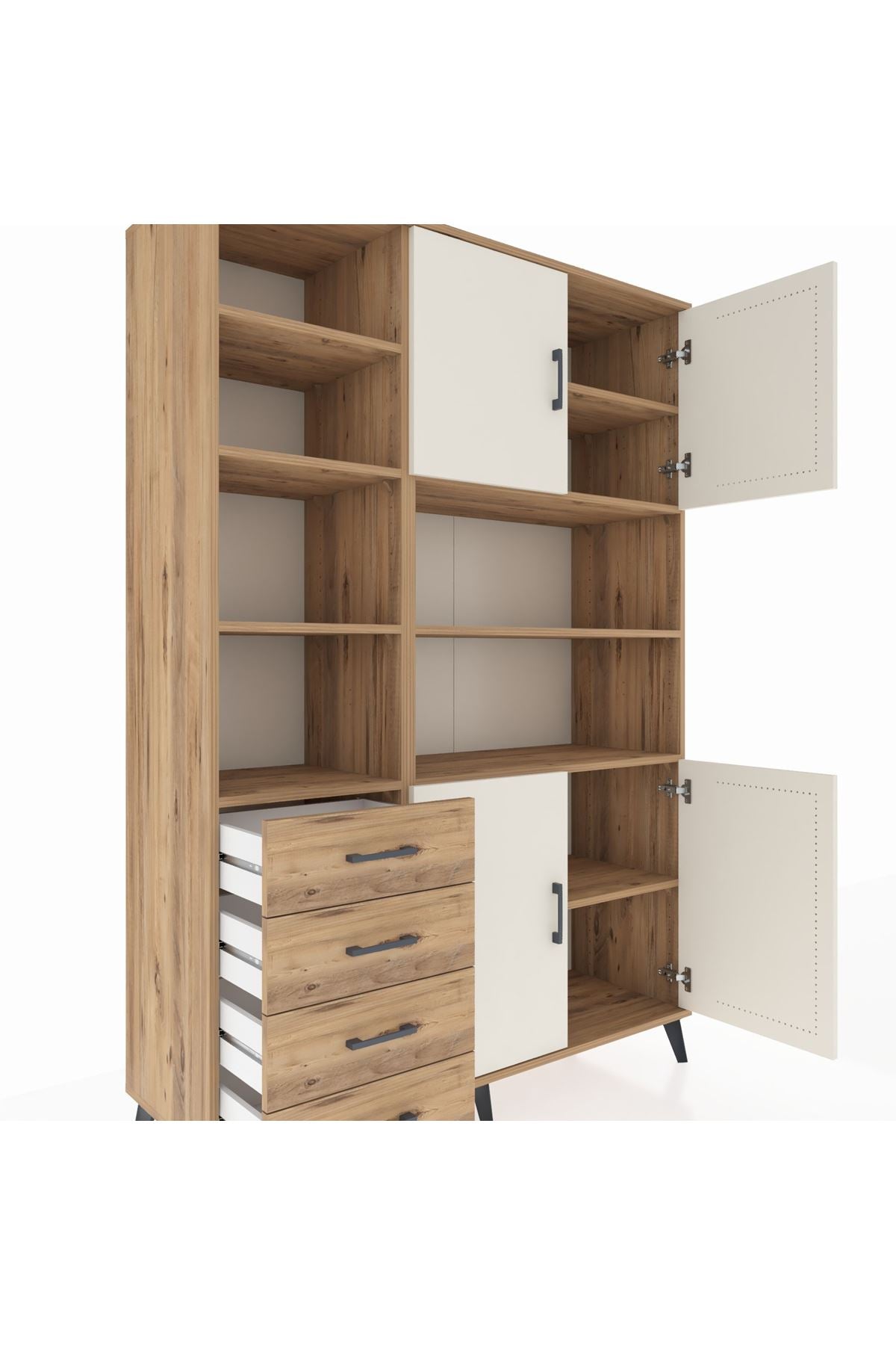 Hyperion Dolap 9 Raflı 4 Çekmeceli 4 Kapaklı 132x44x195 Çam-Aytaşı/Çam