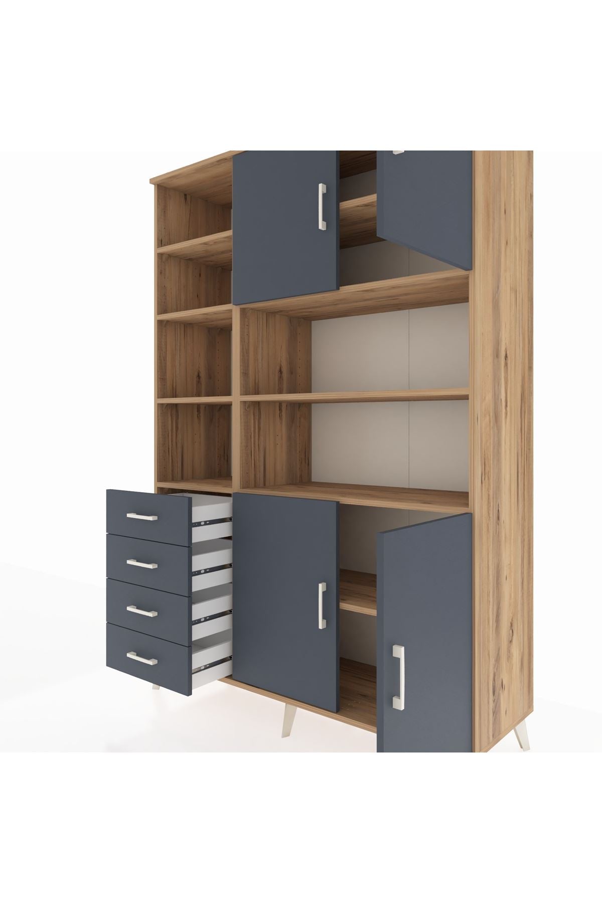 Hyperion Dolap 9 Raflı 4 Çekmeceli 4 Kapaklı 132x44x195 Çam-Antrasit/Antrasit