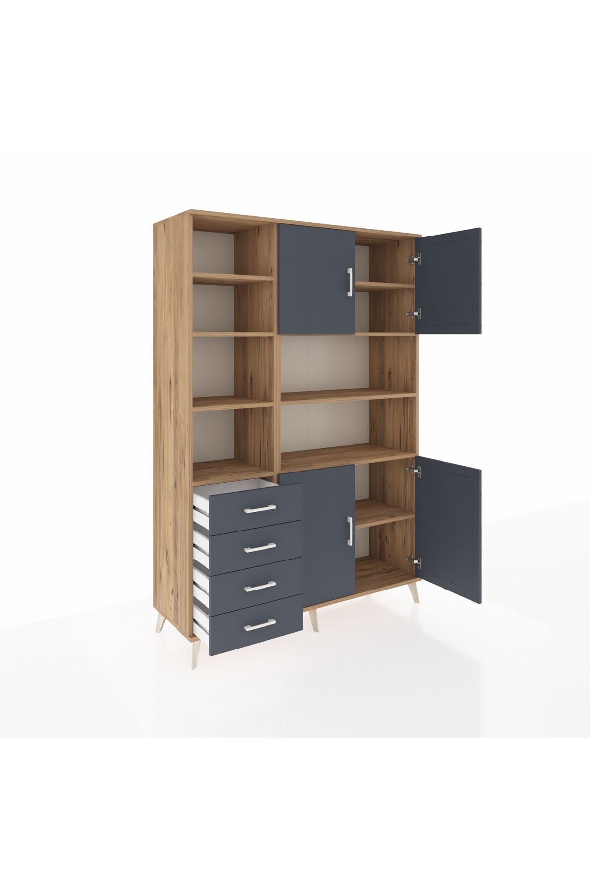 Hyperion Dolap 9 Raflı 4 Çekmeceli 4 Kapaklı 132x44x195 Çam-Antrasit/Antrasit