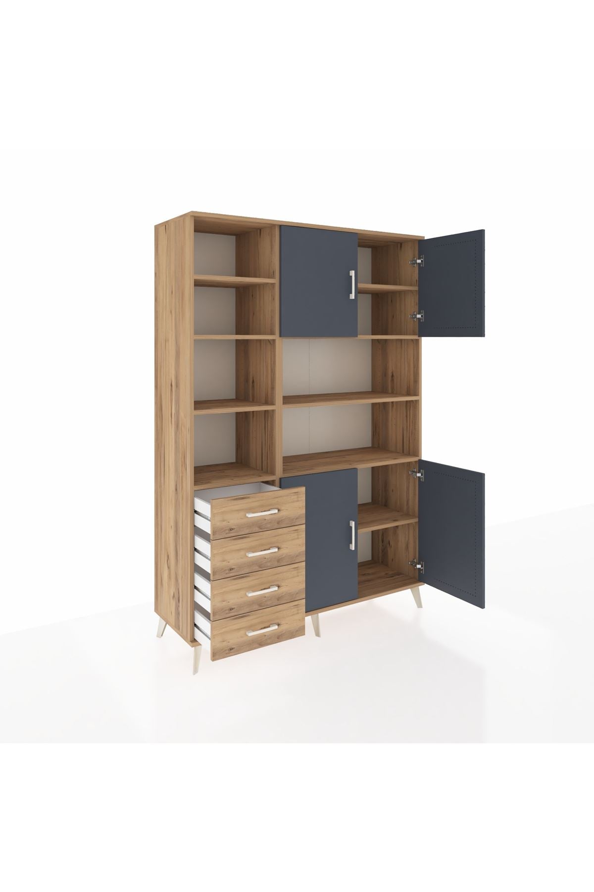 Hyperion Dolap 9 Raflı 4 Çekmeceli 4 Kapaklı 132x44x195 Çam-Antrasit/Çam